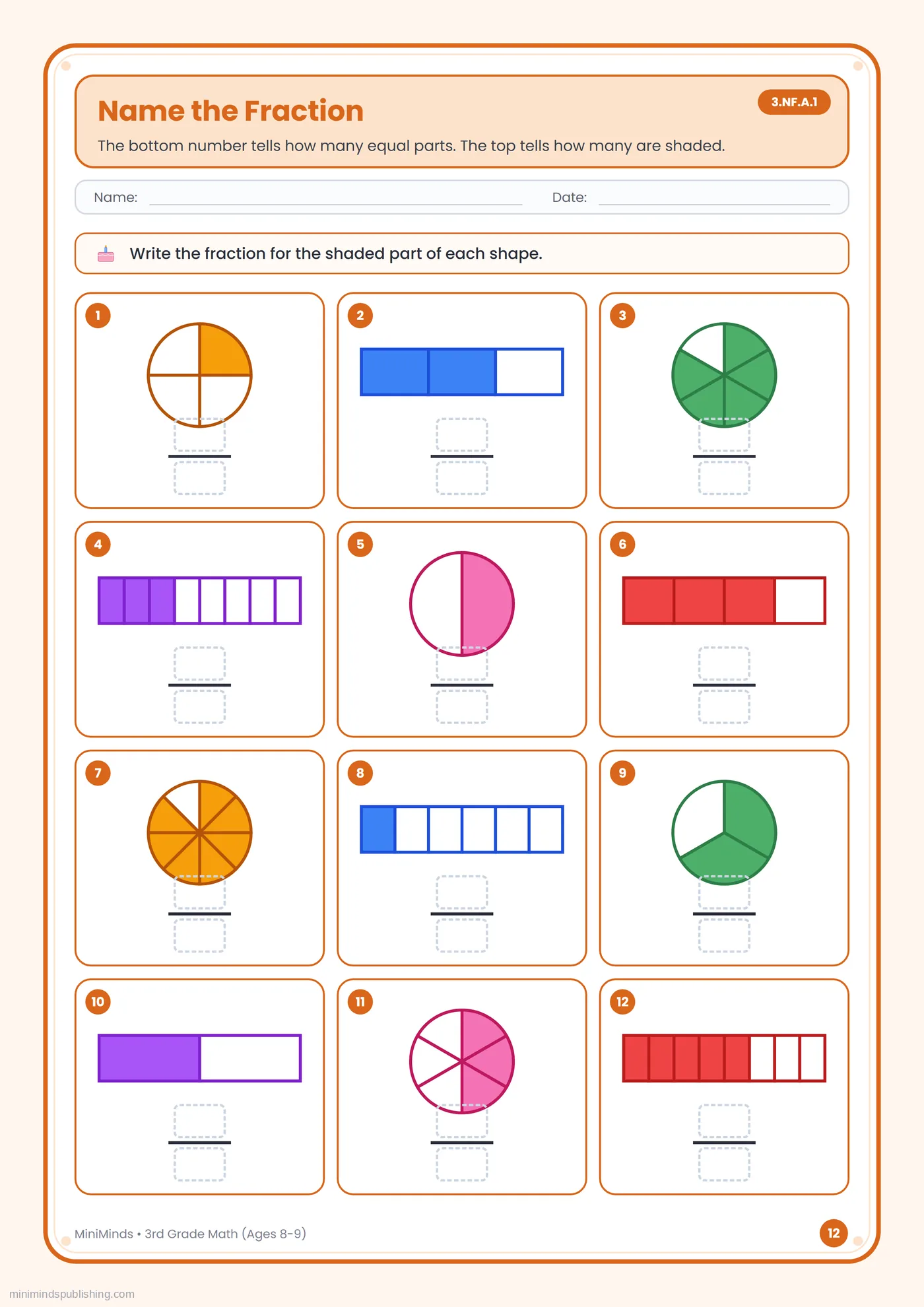 Name the Fraction — free printable 3rd Grade math worksheet for ages 8-9