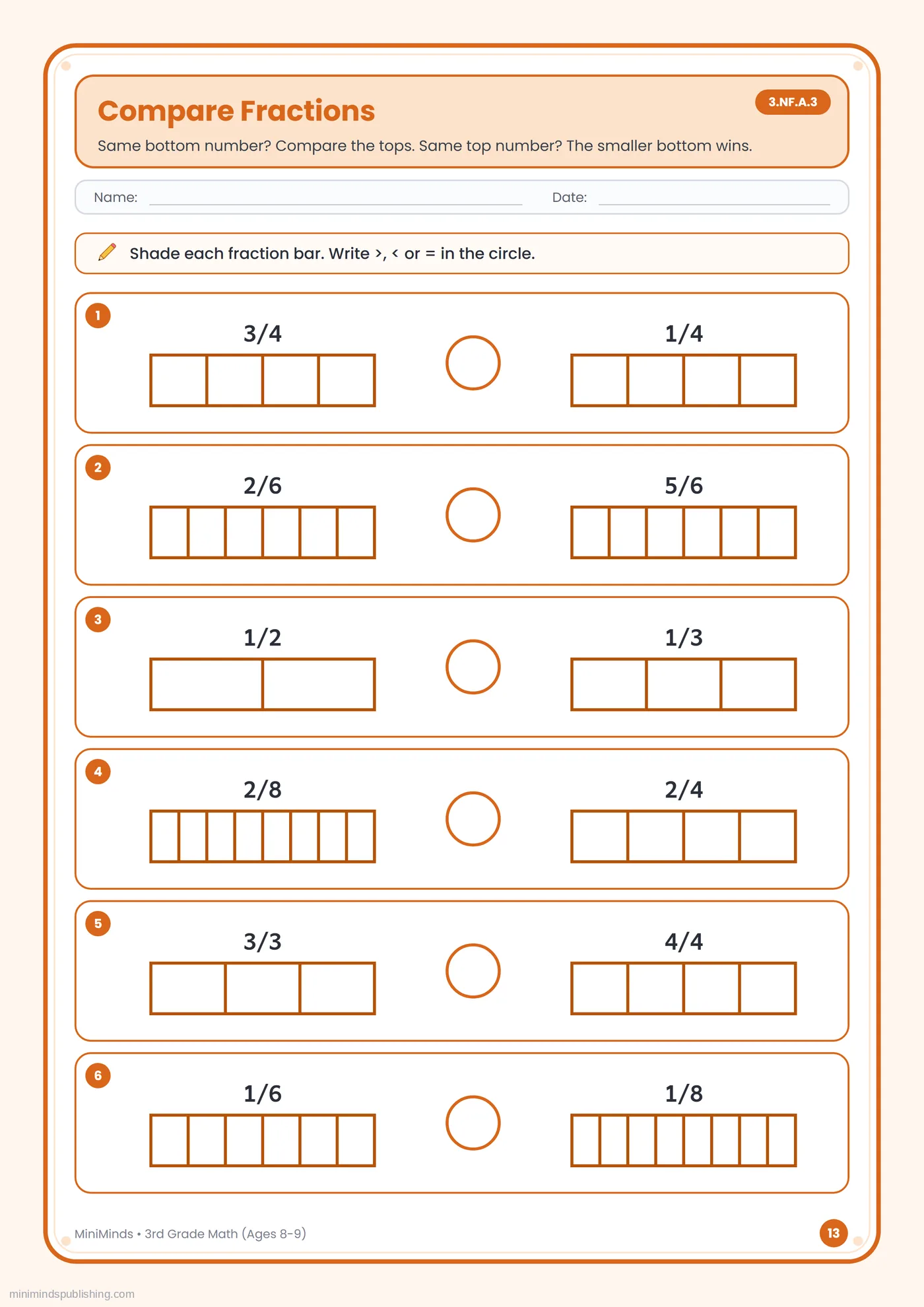Compare Fractions — free printable 3rd Grade math worksheet for ages 8-9