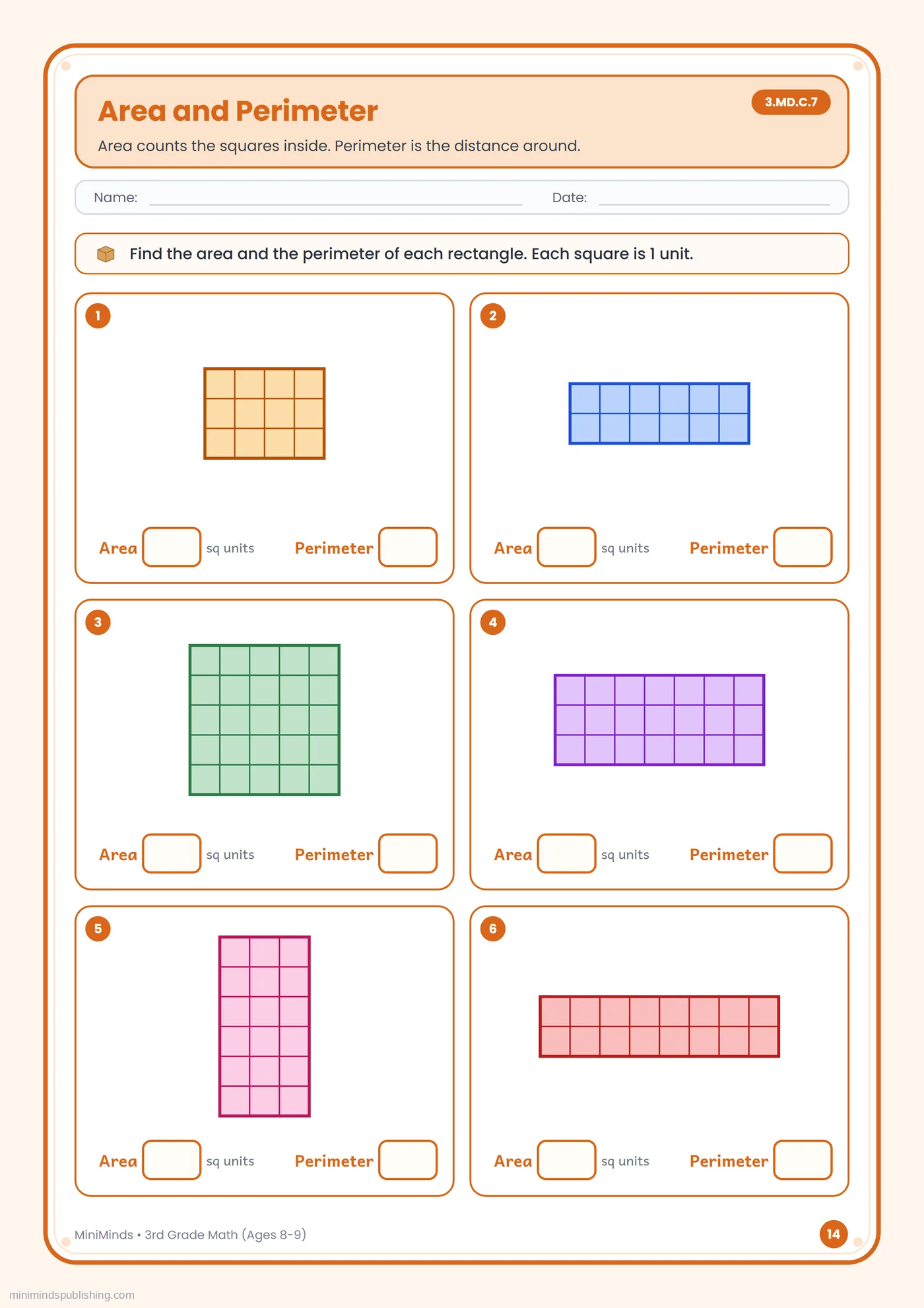 Area and Perimeter — free printable 3rd Grade math worksheet for ages 8-9