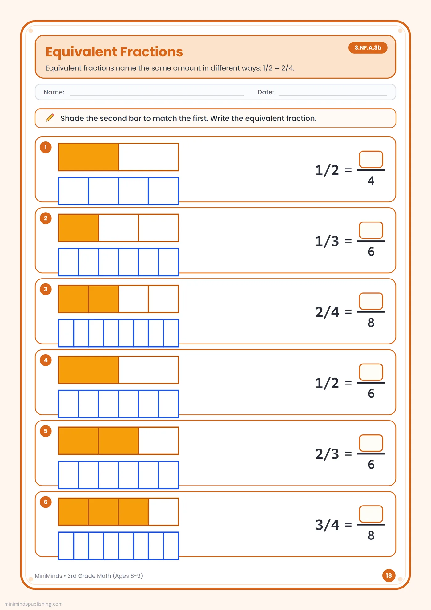 Equivalent Fractions — free printable 3rd Grade math worksheet for ages 8-9