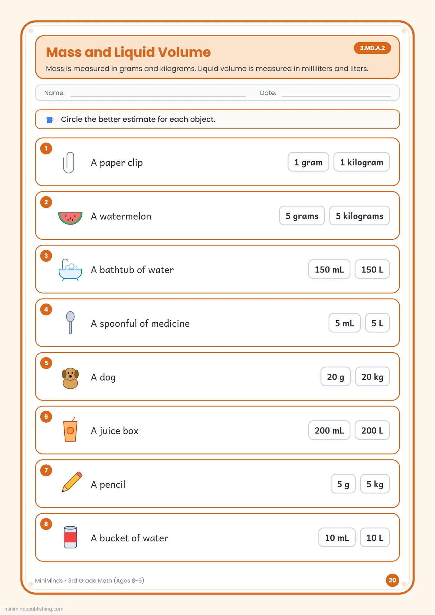 Mass and Liquid Volume — free printable 3rd Grade math worksheet for ages 8-9