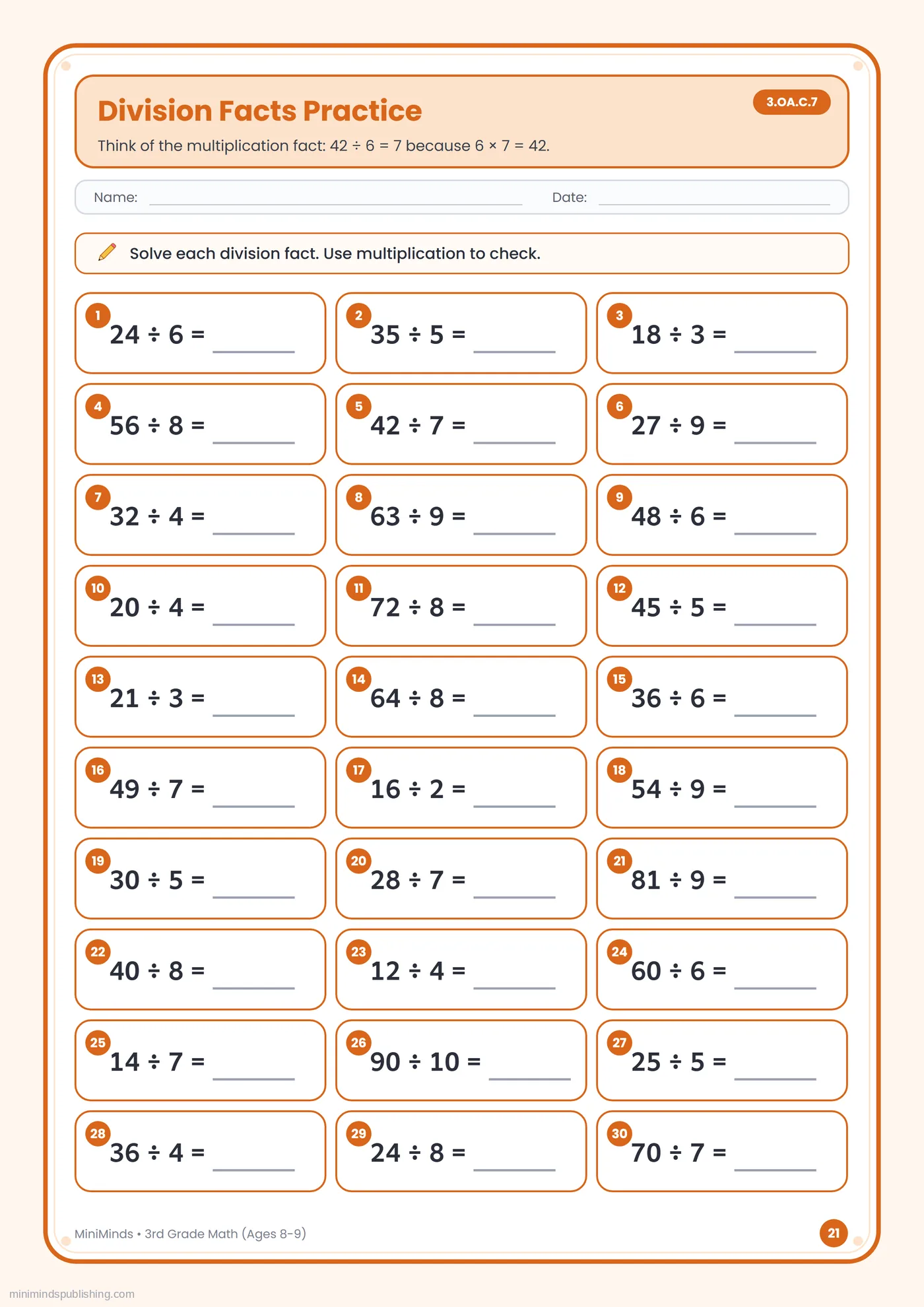 Division Facts Practice — free printable 3rd Grade math worksheet for ages 8-9