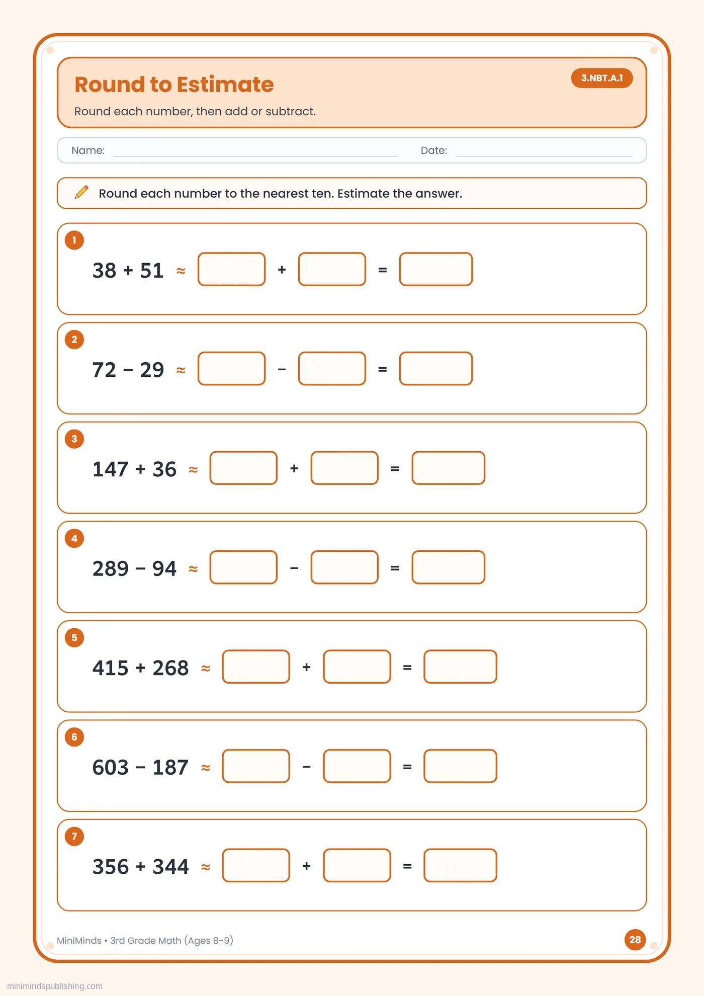 Round to Estimate — free printable 3rd Grade math worksheet for ages 8-9