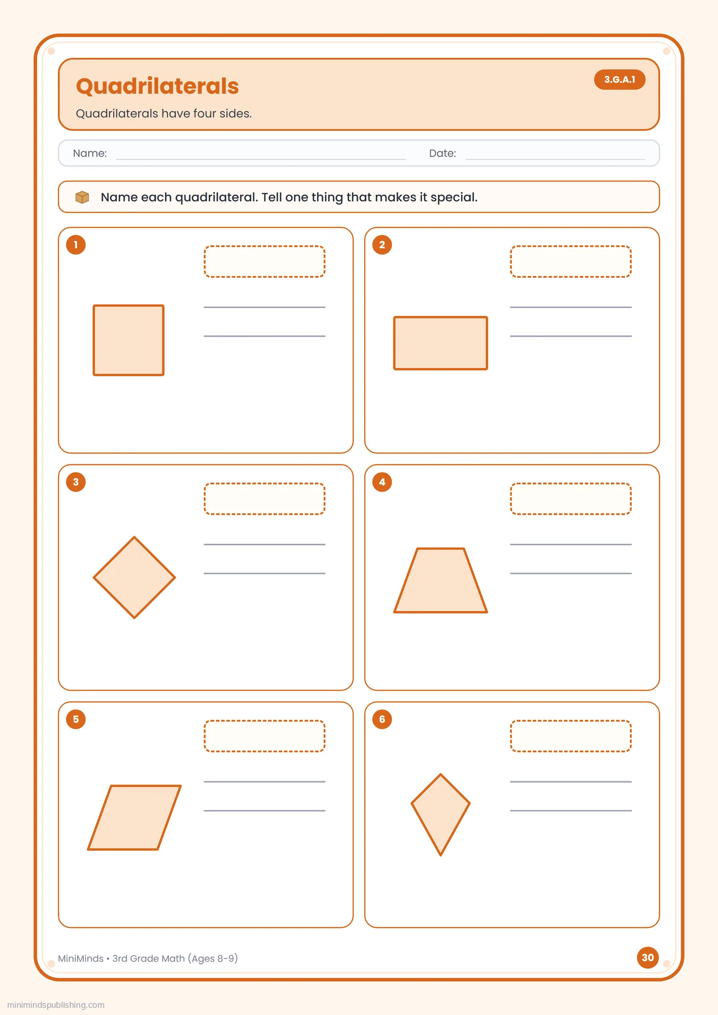 Quadrilaterals — free printable 3rd Grade math worksheet for ages 8-9