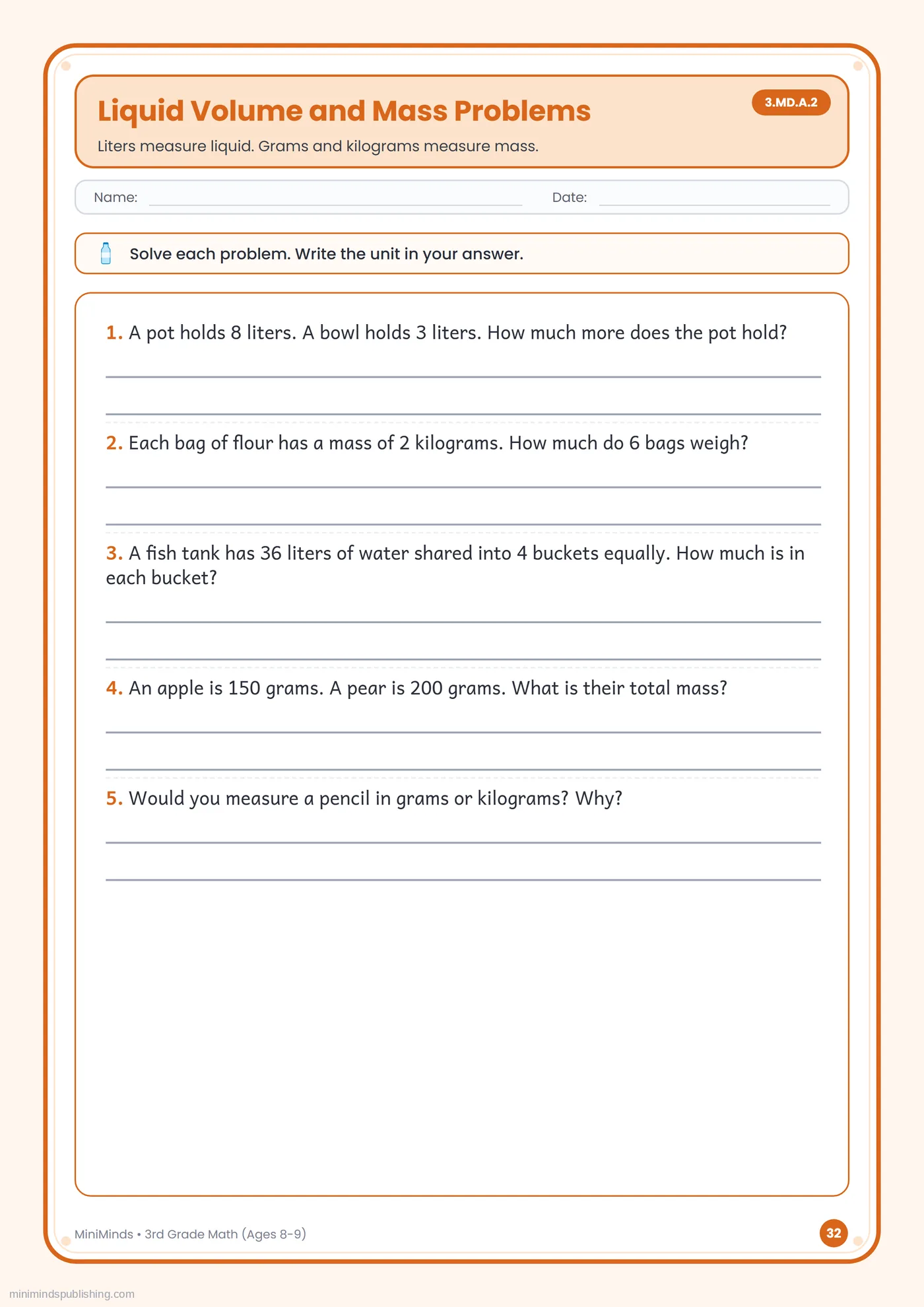 Liquid Volume and Mass Problems — free printable 3rd Grade math worksheet for ages 8-9