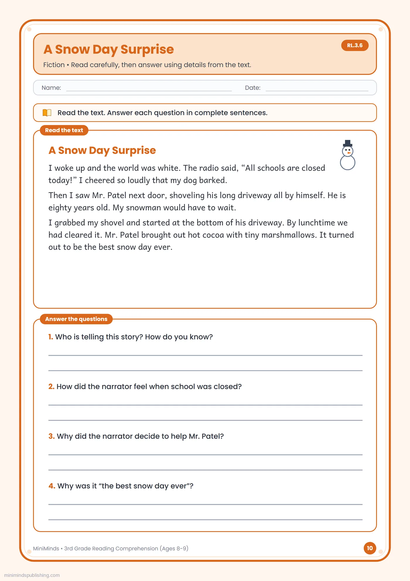 A Snow Day Surprise — free printable 3rd Grade reading comprehension worksheet for ages 8-9