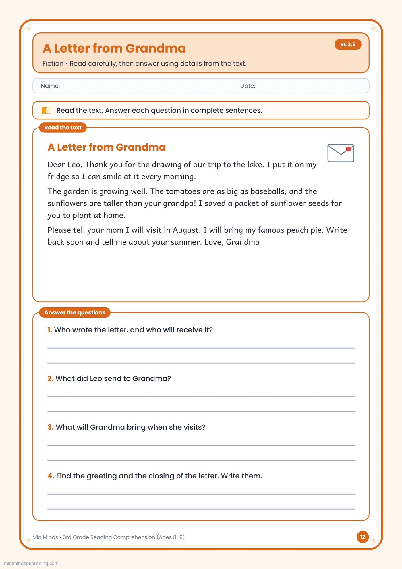 A Letter from Grandma — free printable 3rd Grade reading comprehension worksheet for ages 8-9