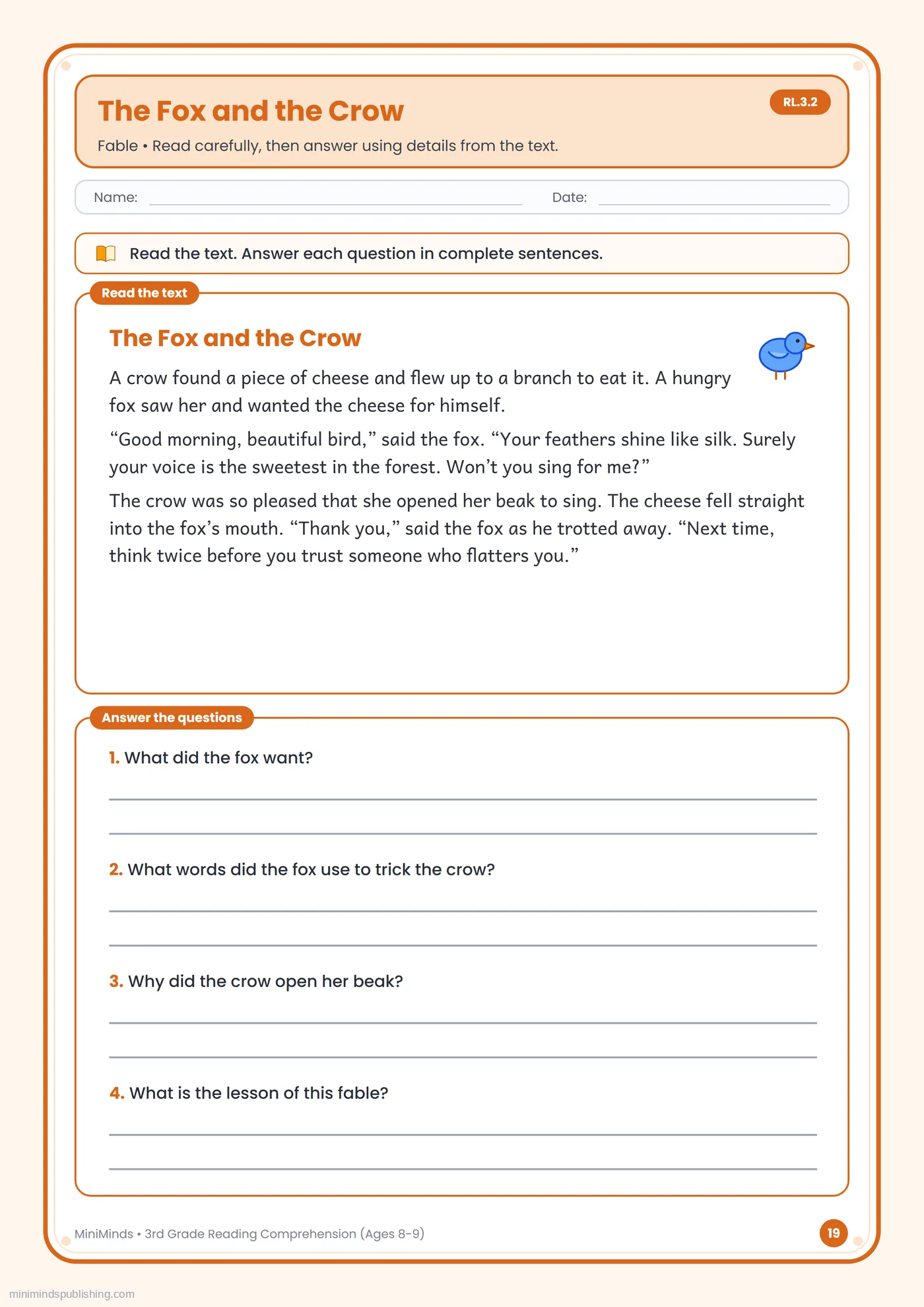 The Fox and the Crow — free printable 3rd Grade reading comprehension worksheet for ages 8-9