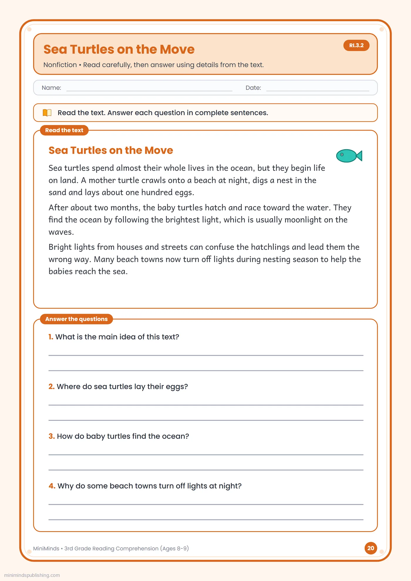 Sea Turtles on the Move — free printable 3rd Grade reading comprehension worksheet for ages 8-9