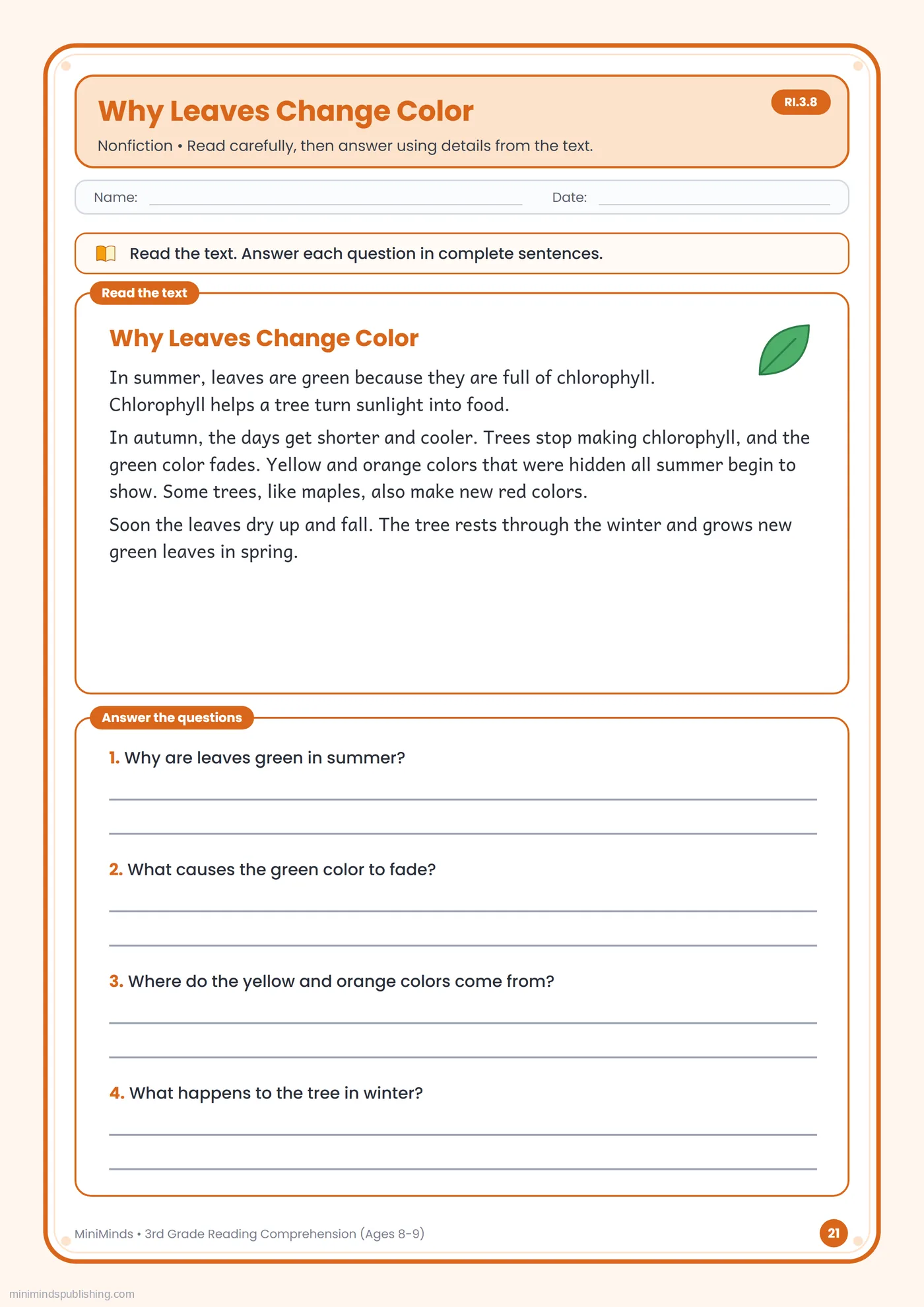 Why Leaves Change Color — free printable 3rd Grade reading comprehension worksheet for ages 8-9