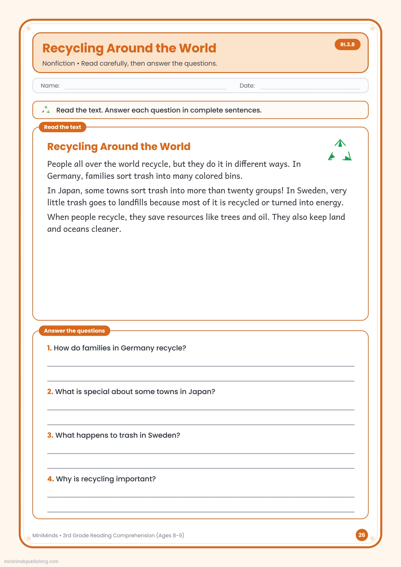 Recycling Around the World — free printable 3rd Grade reading comprehension worksheet for ages 8-9