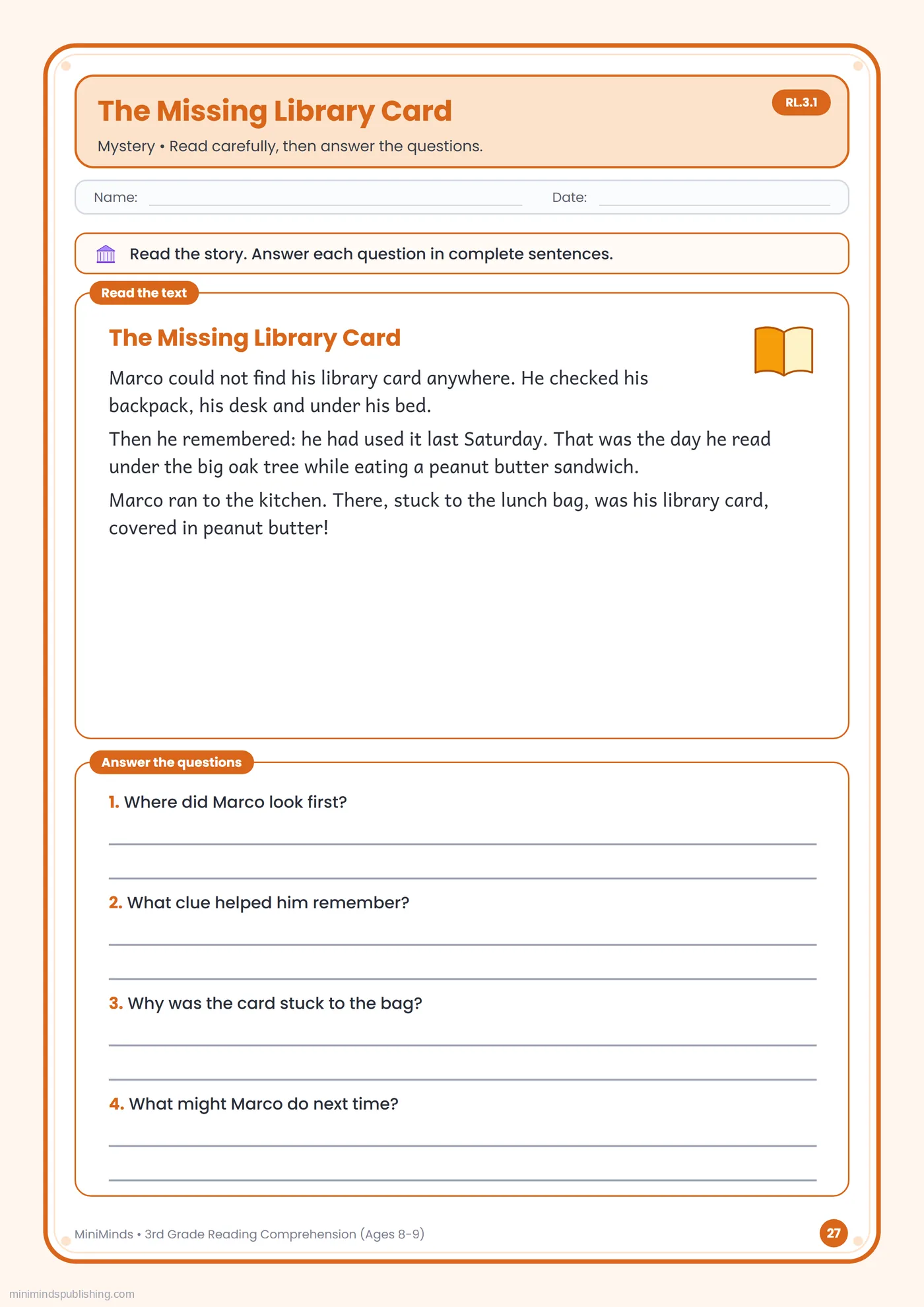 The Missing Library Card — free printable 3rd Grade reading comprehension worksheet for ages 8-9