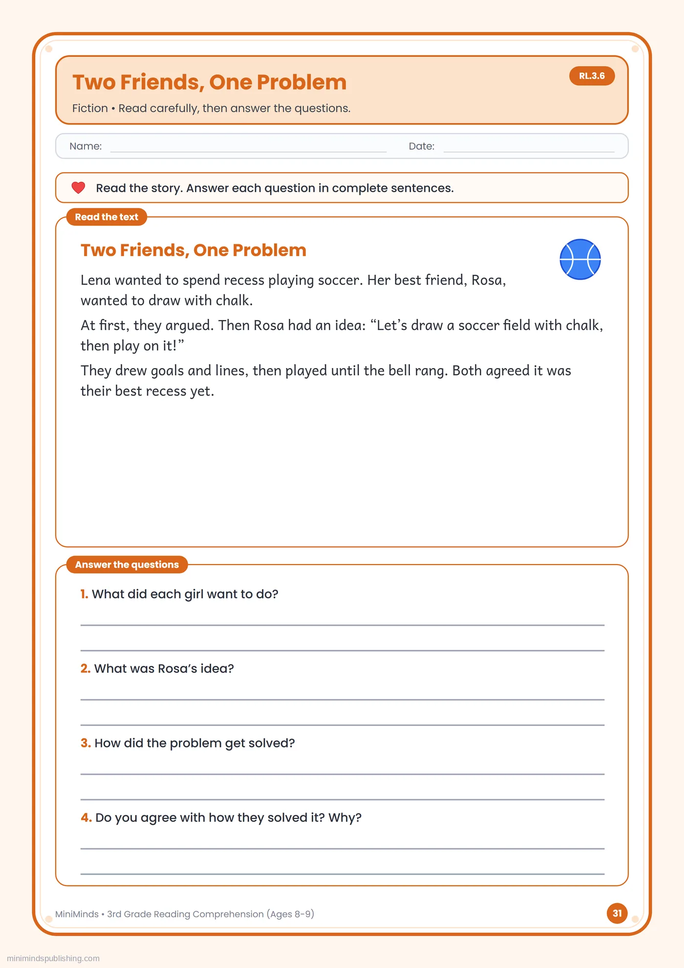 Two Friends, One Problem — free printable 3rd Grade reading comprehension worksheet for ages 8-9