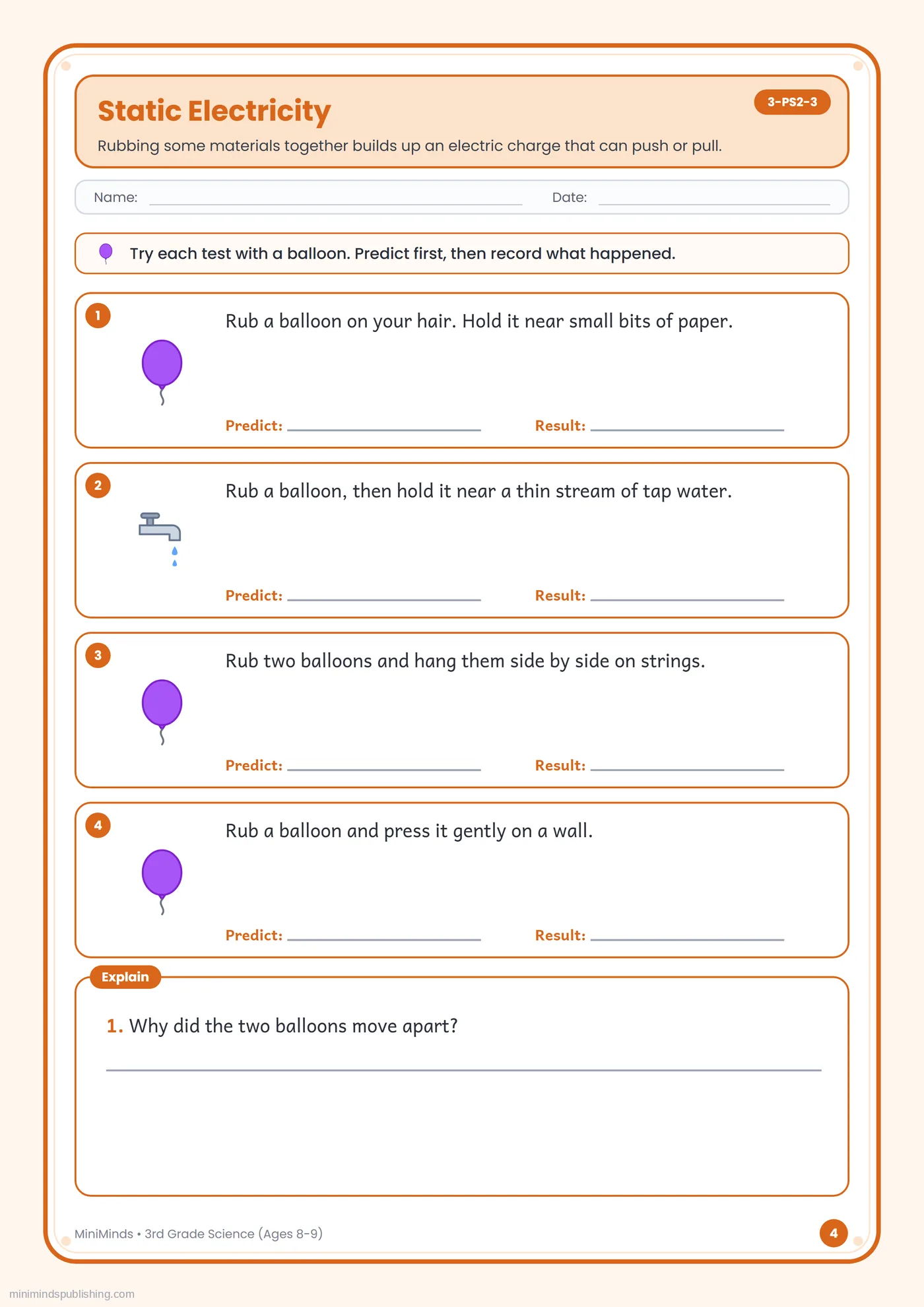 Static Electricity — free printable 3rd Grade science worksheet for ages 8-9