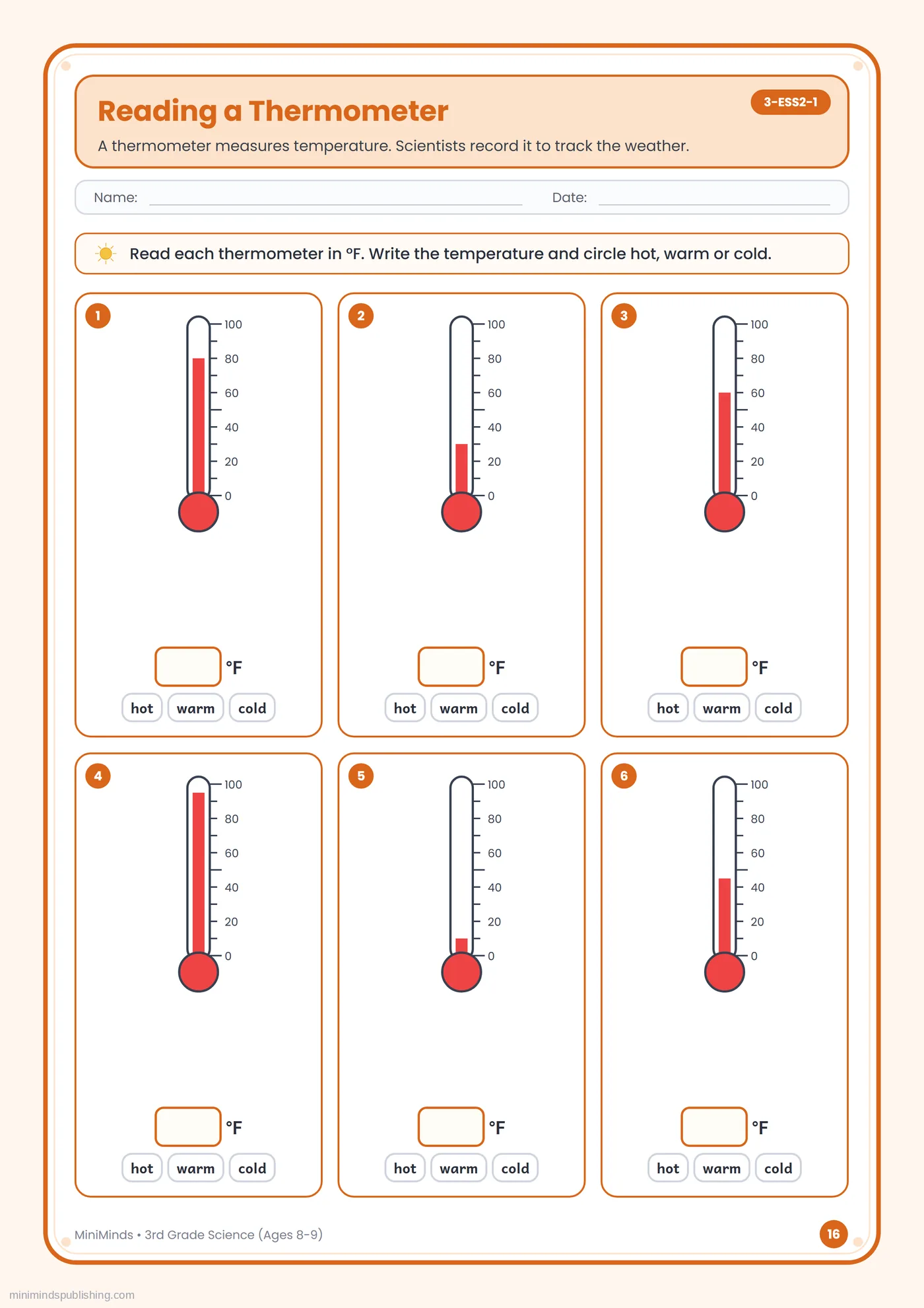 Reading a Thermometer — free printable 3rd Grade science worksheet for ages 8-9