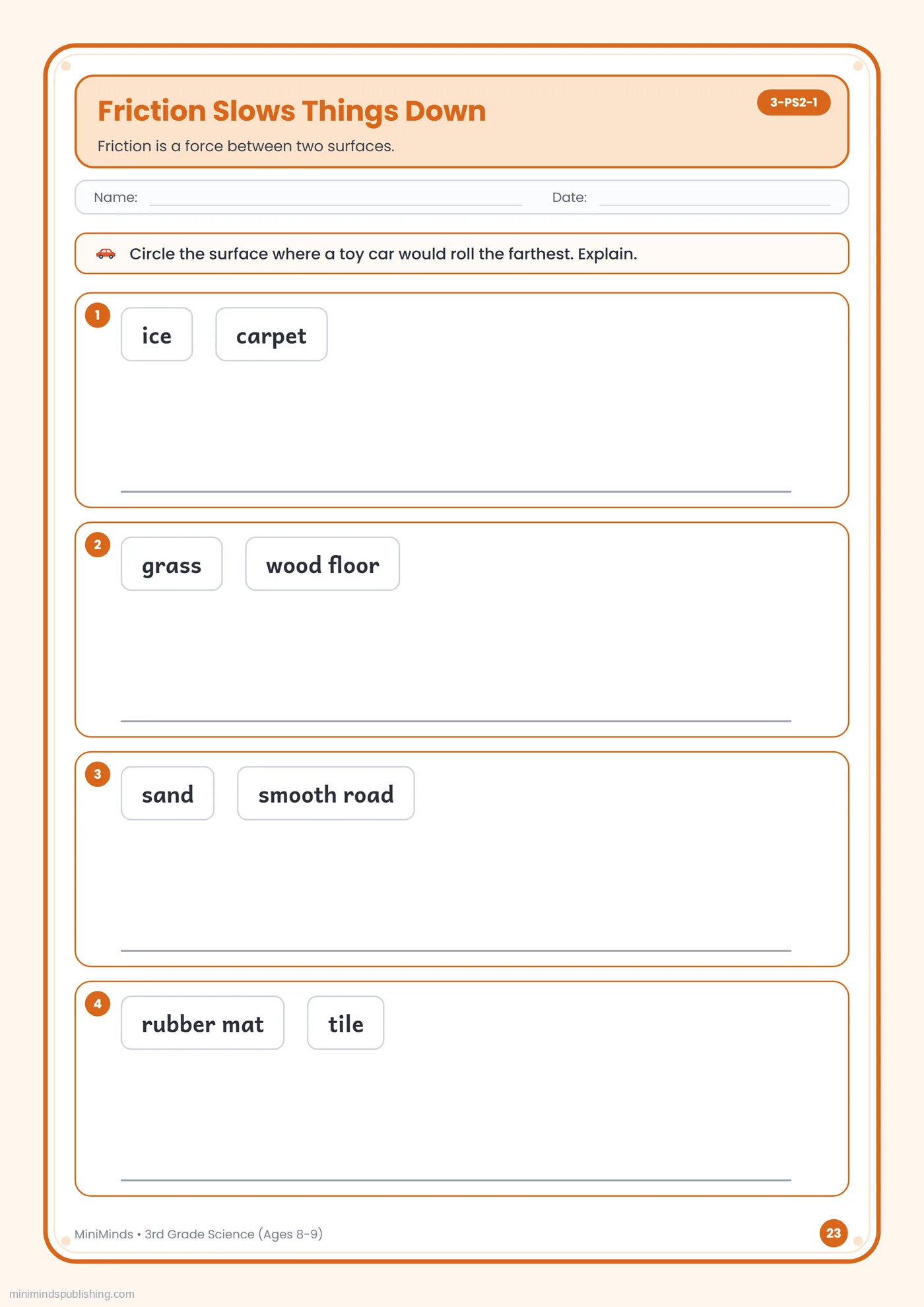 Friction Slows Things Down — free printable 3rd Grade science worksheet for ages 8-9