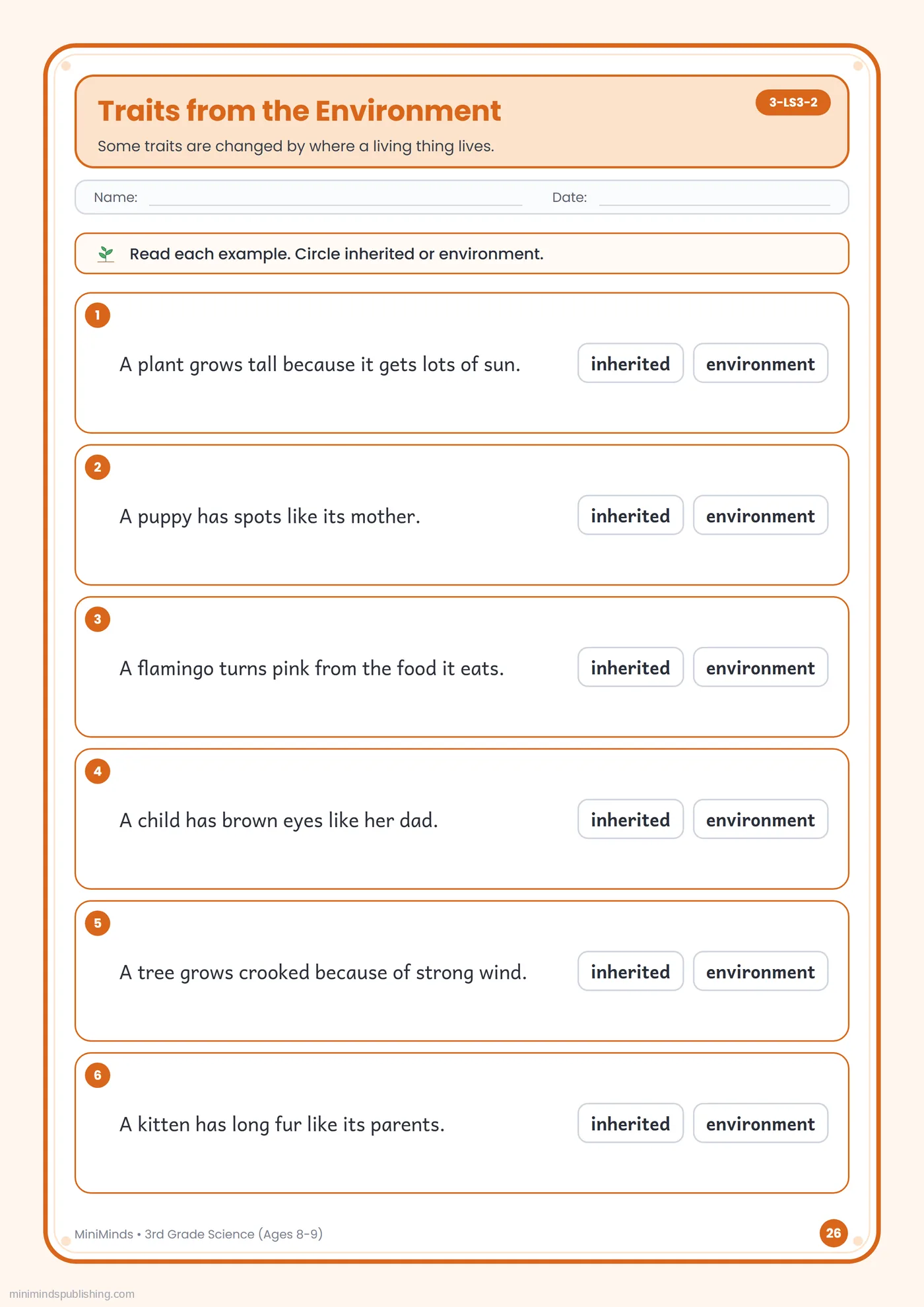 Traits from the Environment — free printable 3rd Grade science worksheet for ages 8-9