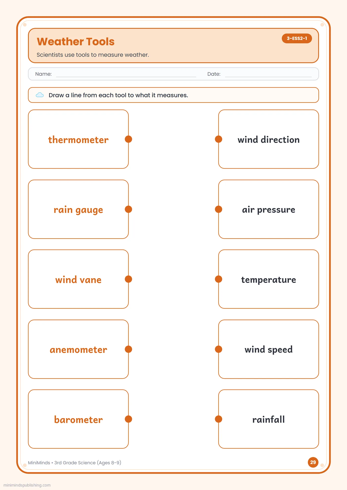 Weather Tools — free printable 3rd Grade science worksheet for ages 8-9