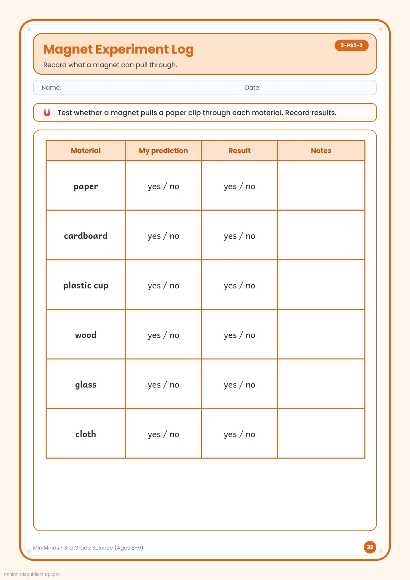 Magnet Experiment Log — free printable 3rd Grade science worksheet for ages 8-9
