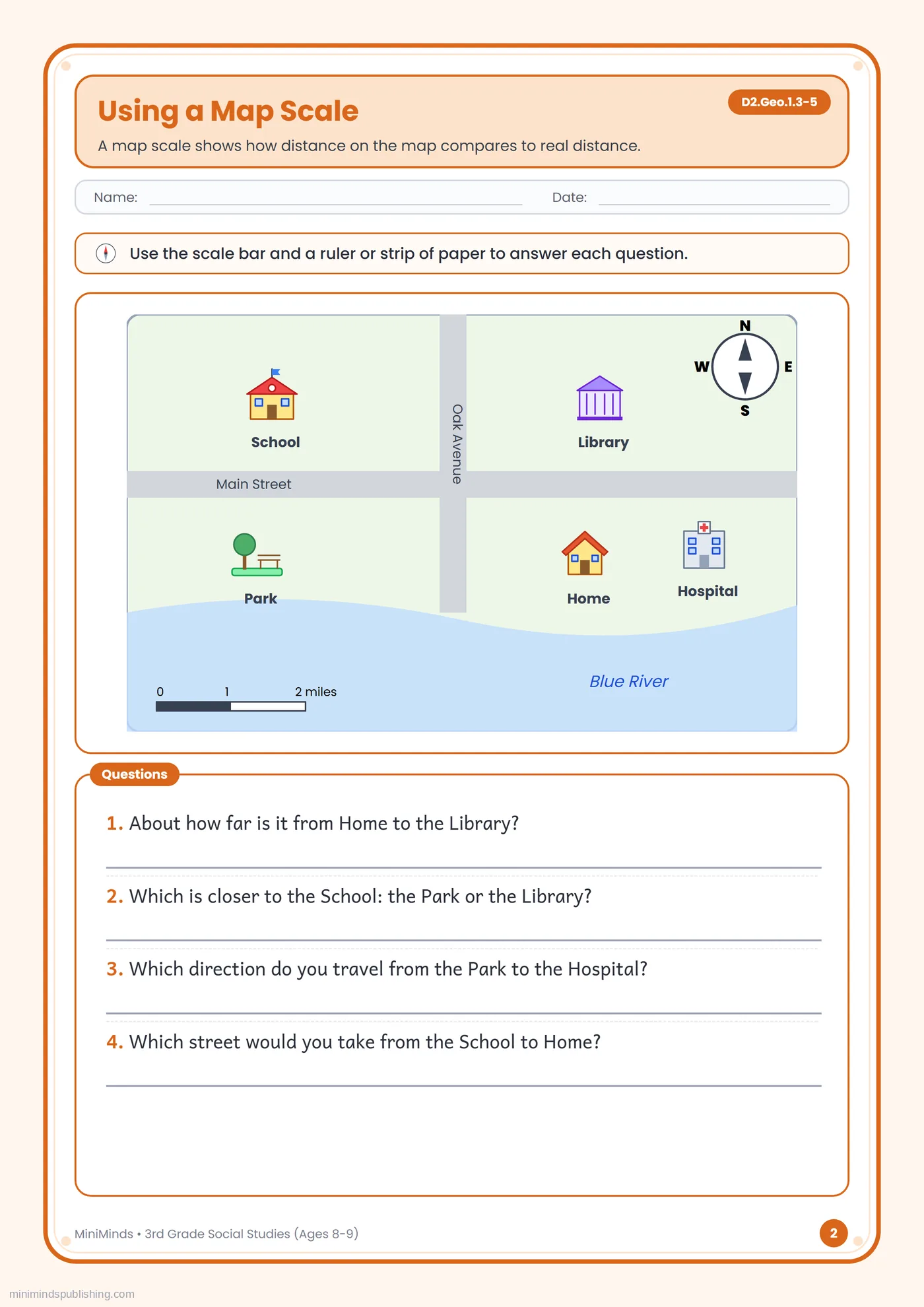 Using a Map Scale — free printable 3rd Grade social studies worksheet for ages 8-9