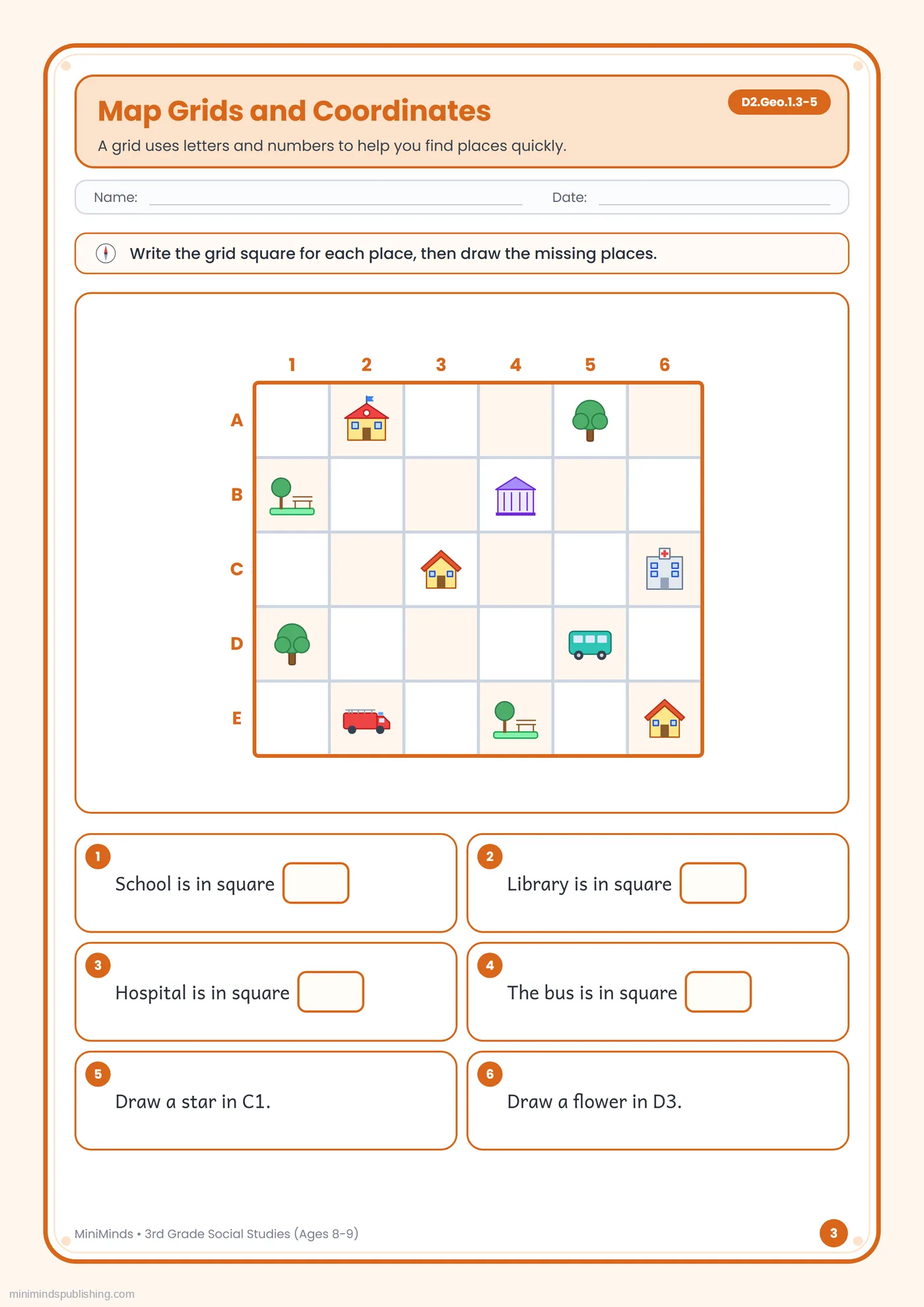 Map Grids and Coordinates — free printable 3rd Grade social studies worksheet for ages 8-9