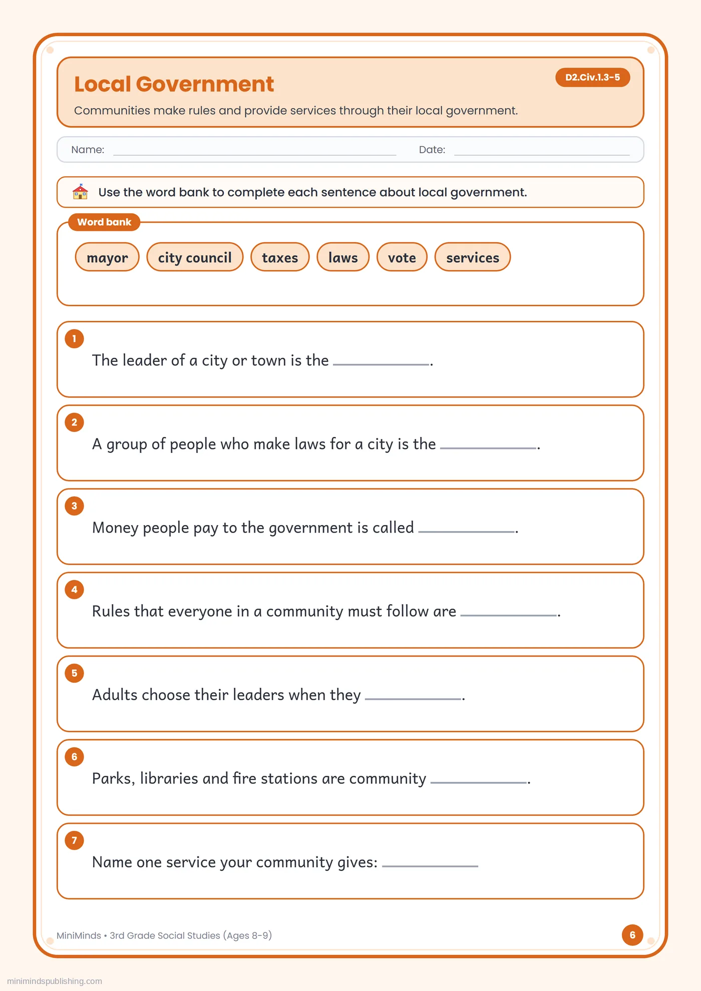 Local Government — free printable 3rd Grade social studies worksheet for ages 8-9