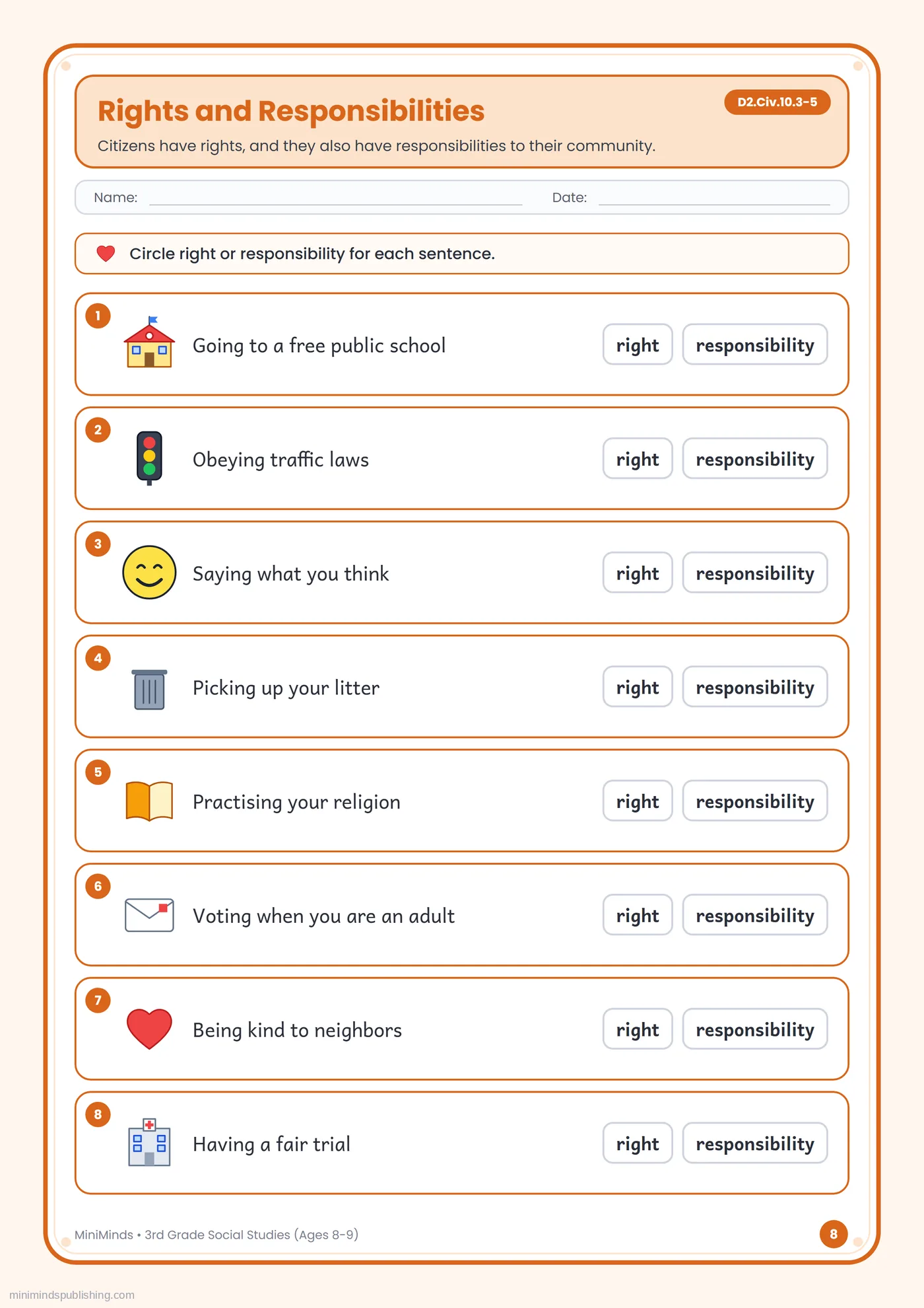 Rights and Responsibilities — free printable 3rd Grade social studies worksheet for ages 8-9