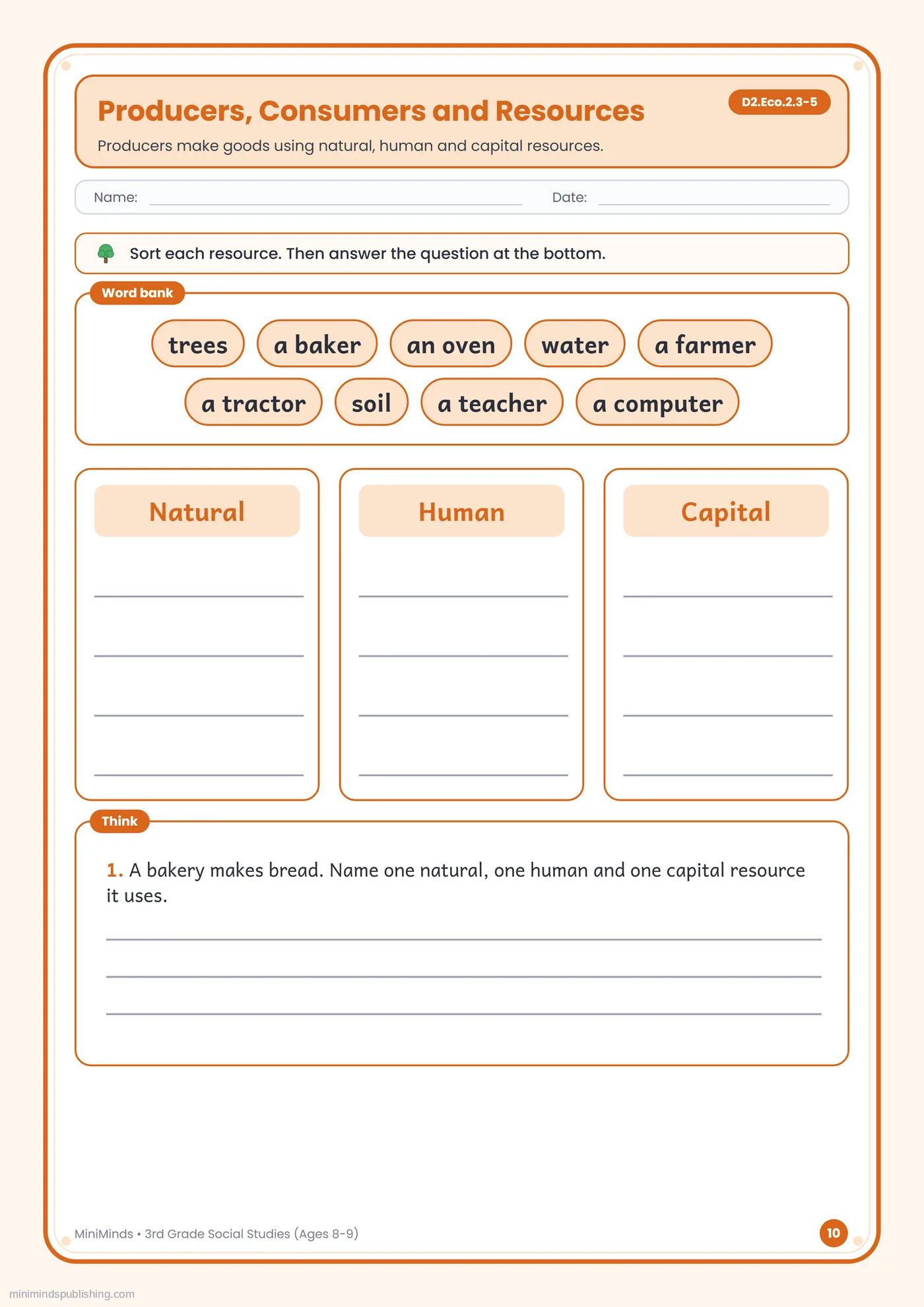 Producers, Consumers and Resources — free printable 3rd Grade social studies worksheet for ages 8-9