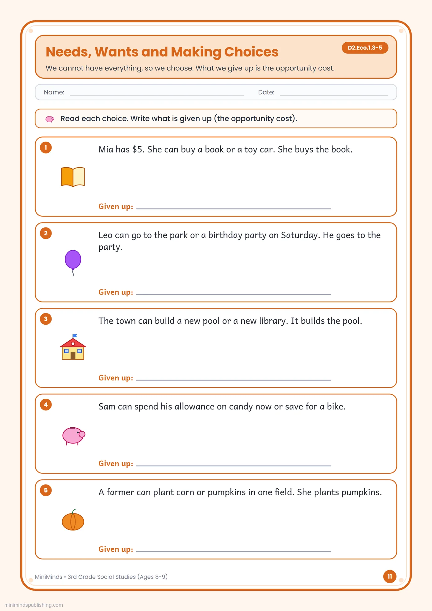 Needs, Wants and Making Choices — free printable 3rd Grade social studies worksheet for ages 8-9