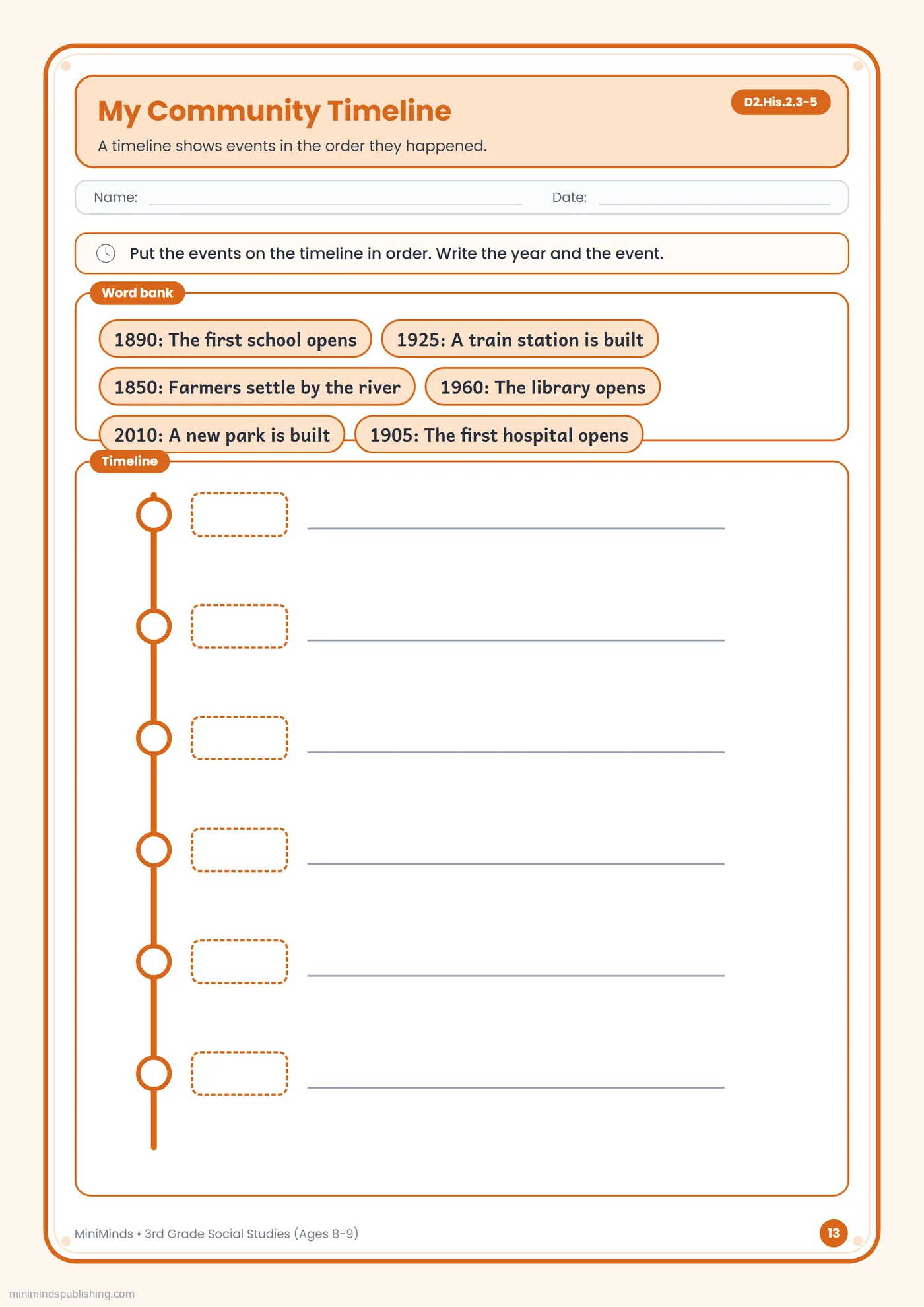 My Community Timeline — free printable 3rd Grade social studies worksheet for ages 8-9