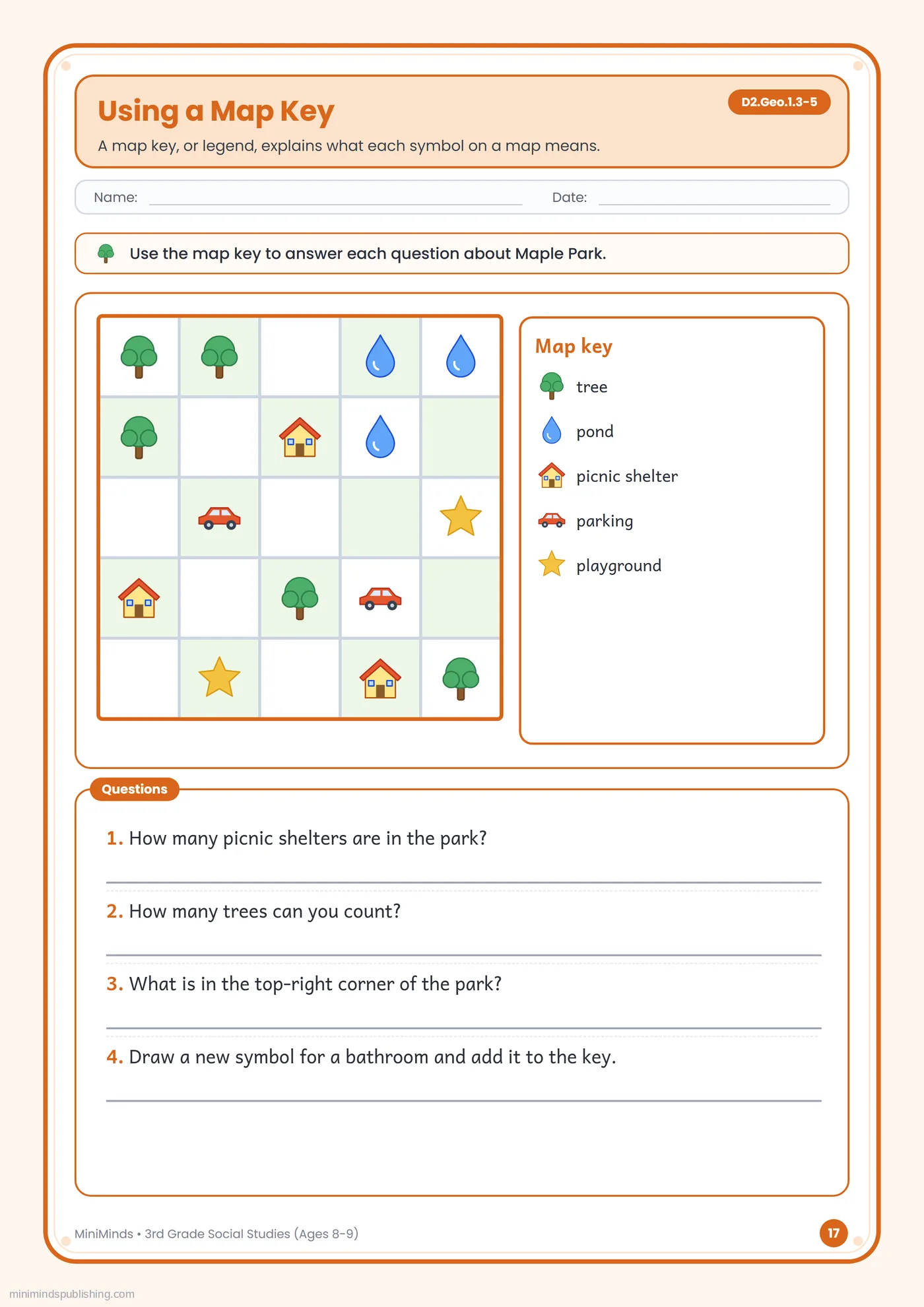 Using a Map Key — free printable 3rd Grade social studies worksheet for ages 8-9