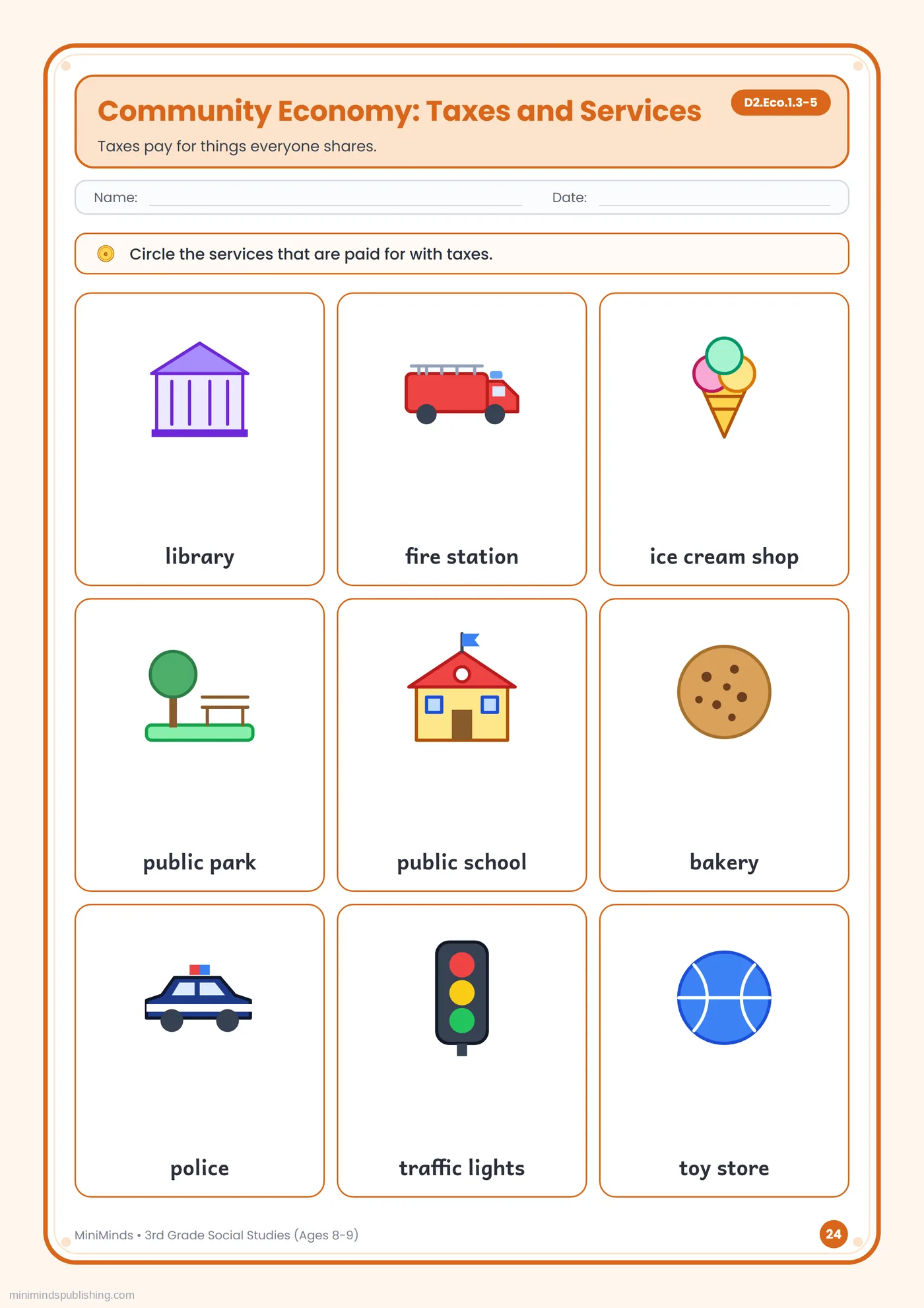 Community Economy: Taxes and Services — free printable 3rd Grade social studies worksheet for ages 8-9