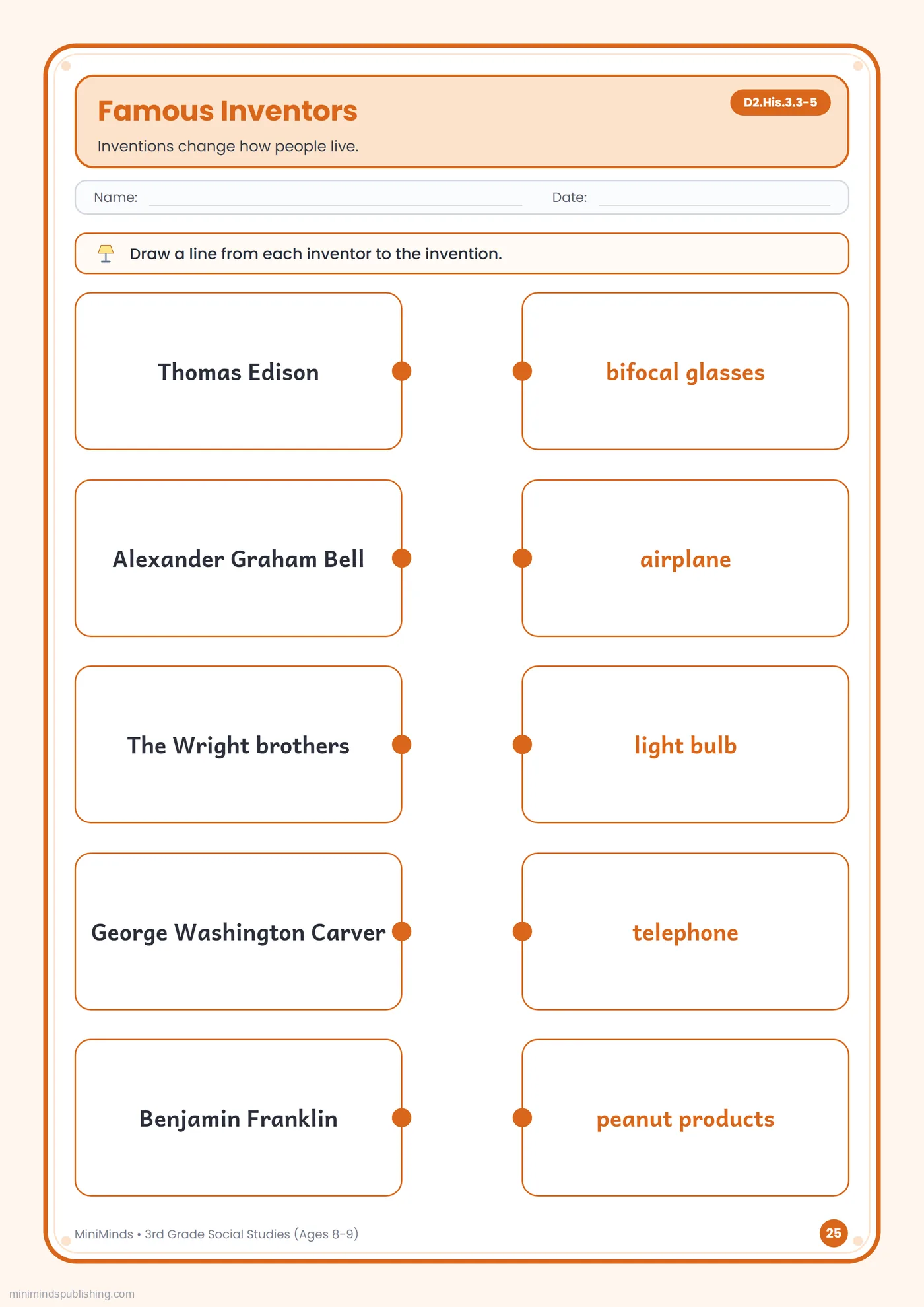 Famous Inventors — free printable 3rd Grade social studies worksheet for ages 8-9