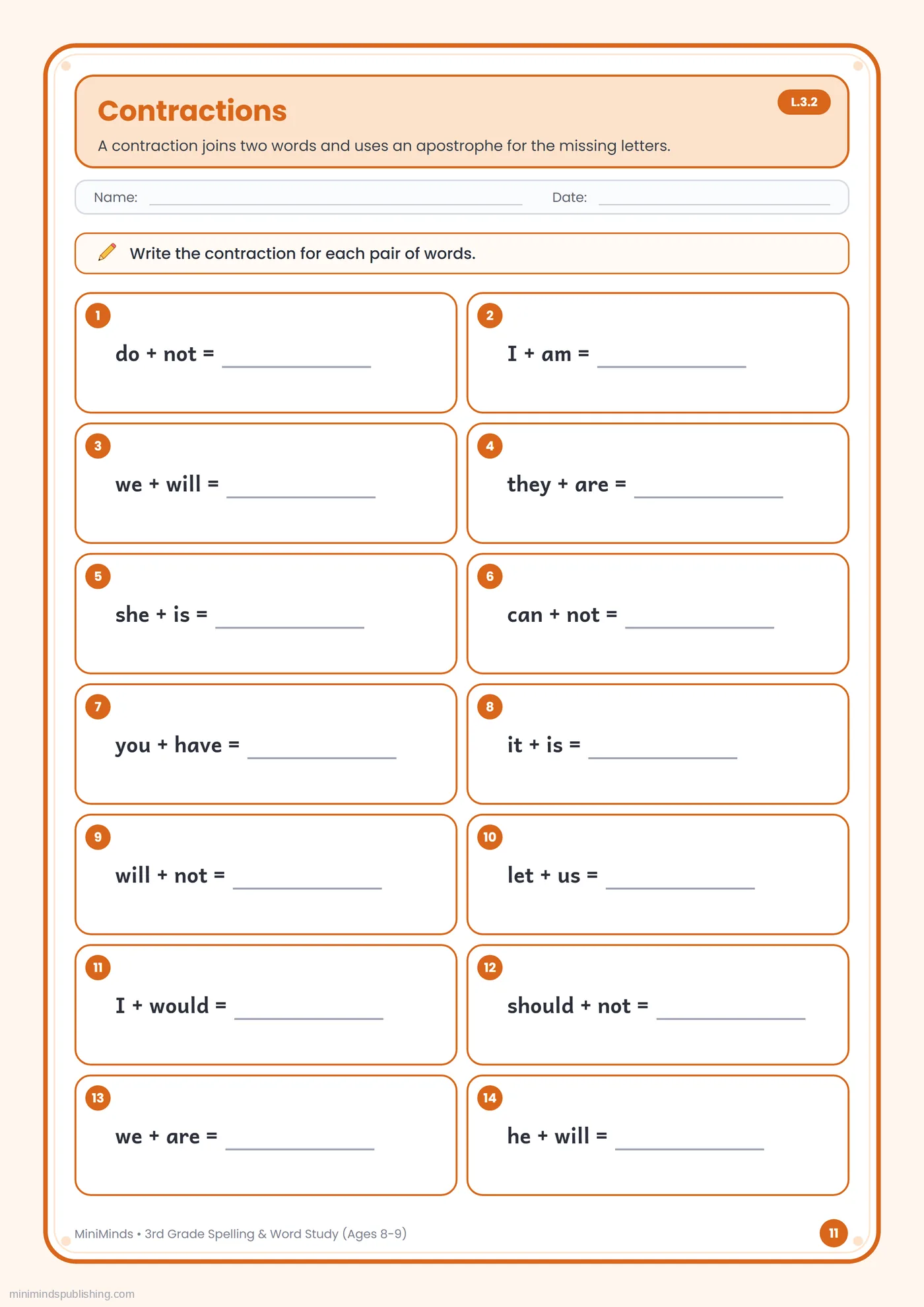 Contractions — free printable 3rd Grade spelling & word study worksheet for ages 8-9