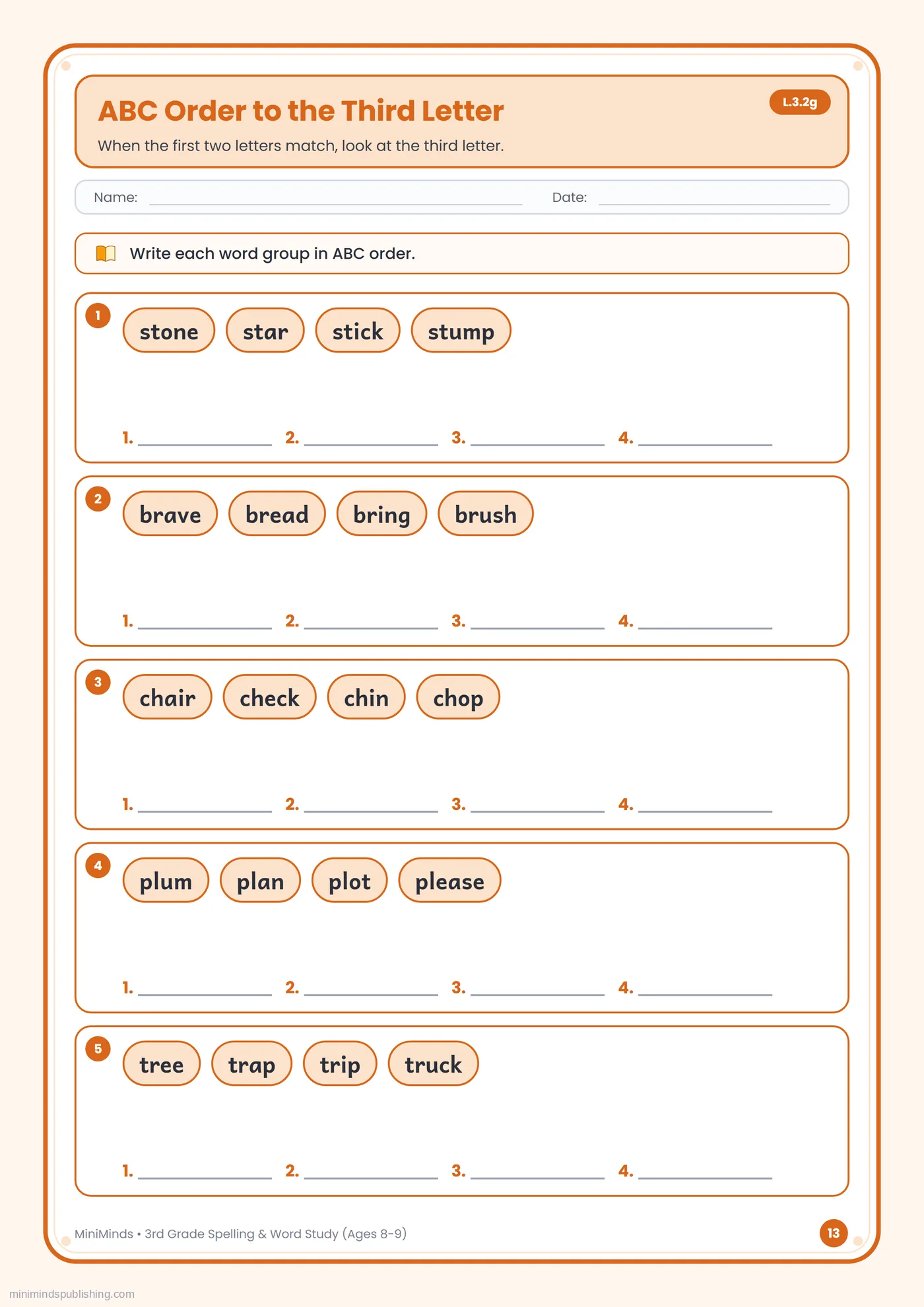 ABC Order to the Third Letter — free printable 3rd Grade spelling & word study worksheet for ages 8-9