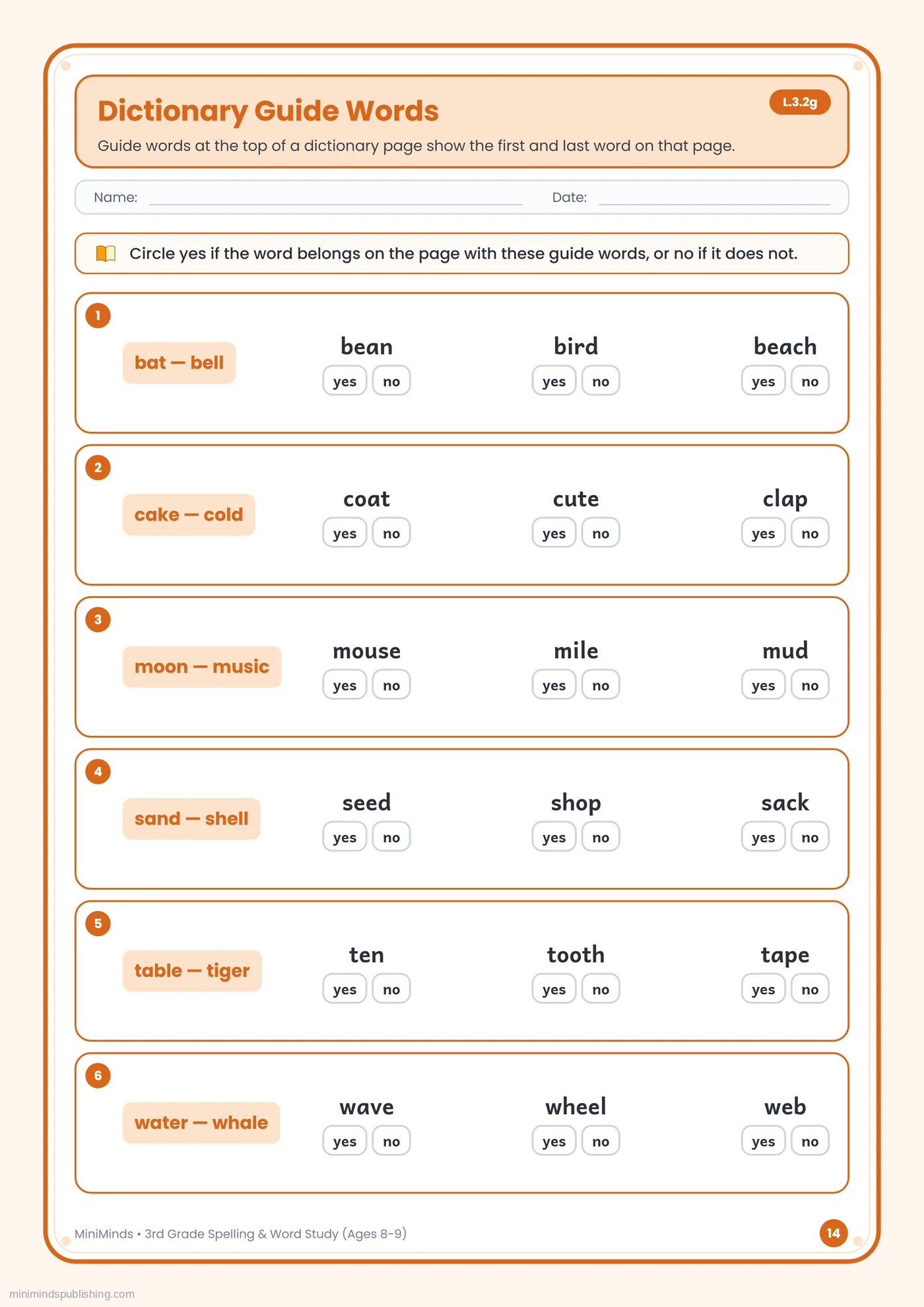 Dictionary Guide Words — free printable 3rd Grade spelling & word study worksheet for ages 8-9