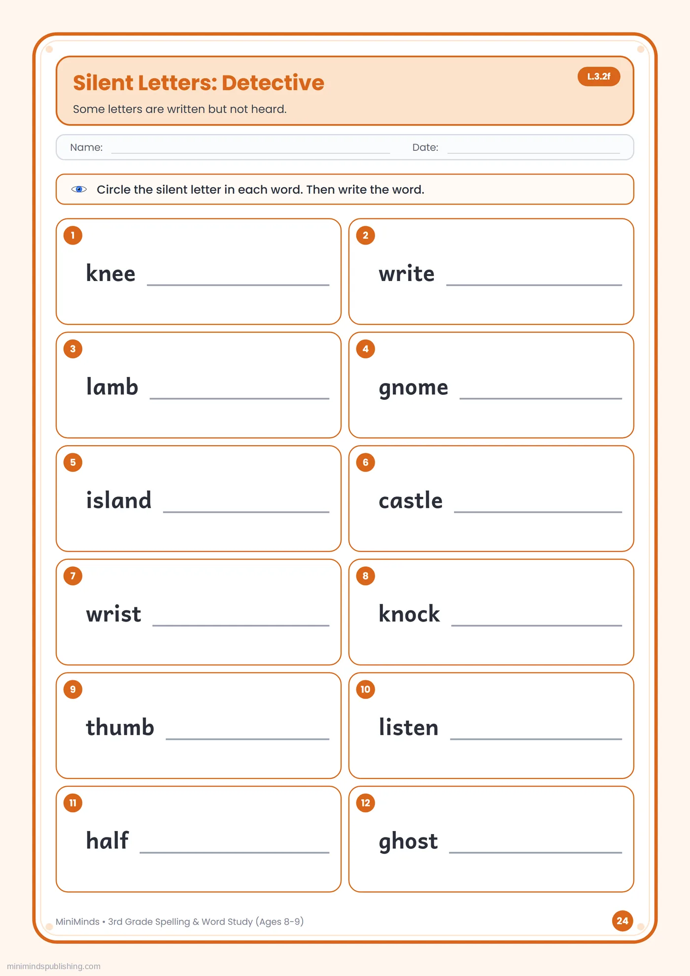 Silent Letters: Detective — free printable 3rd Grade spelling & word study worksheet for ages 8-9