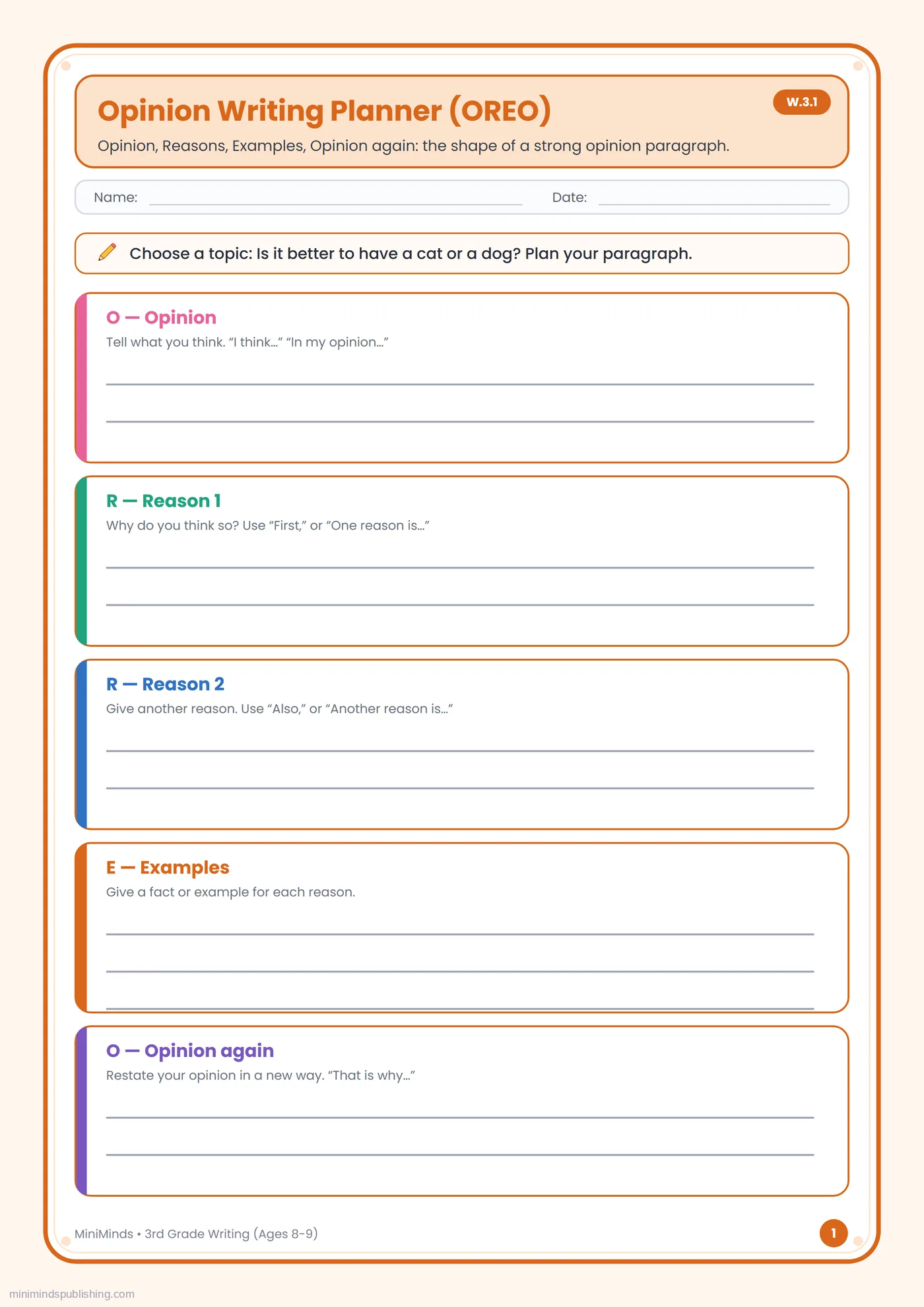 Opinion Writing Planner (OREO) — free printable 3rd Grade writing worksheet for ages 8-9