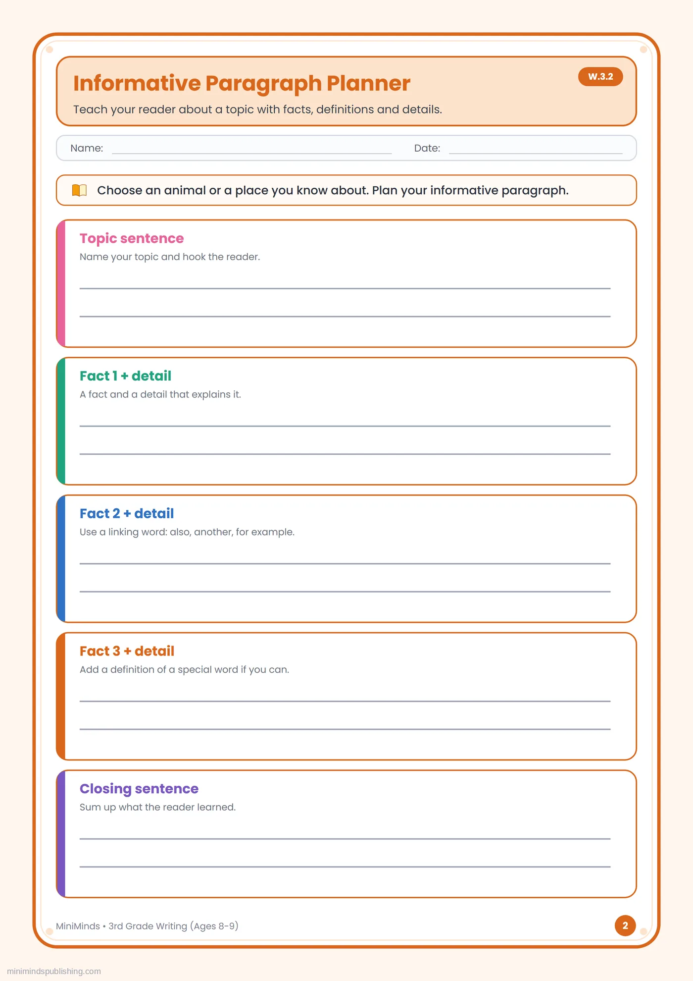 Informative Paragraph Planner — free printable 3rd Grade writing worksheet for ages 8-9
