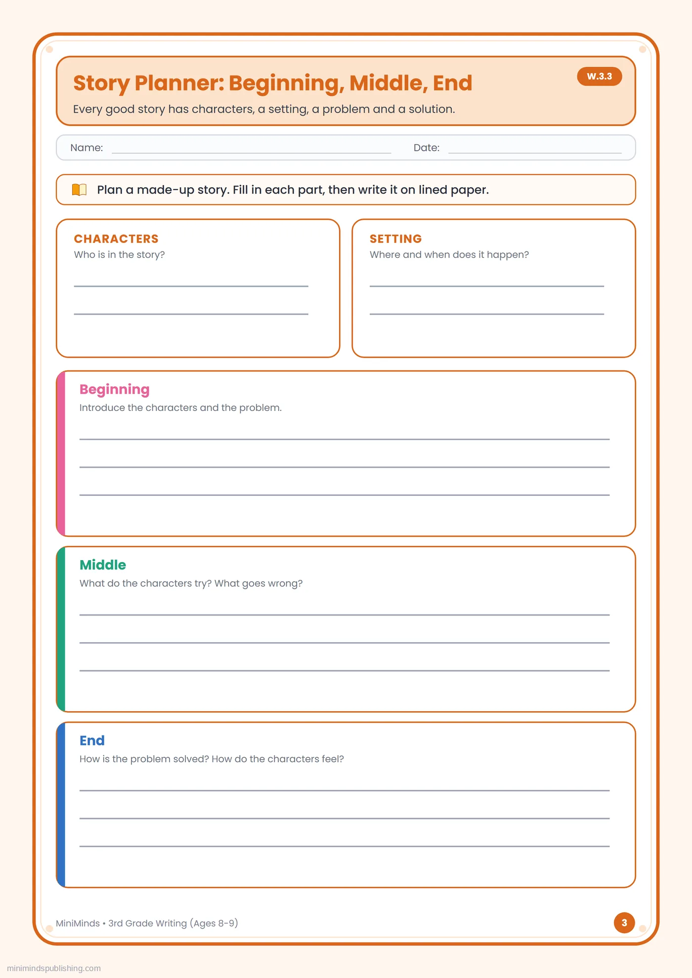 Story Planner: Beginning, Middle, End — free printable 3rd Grade writing worksheet for ages 8-9