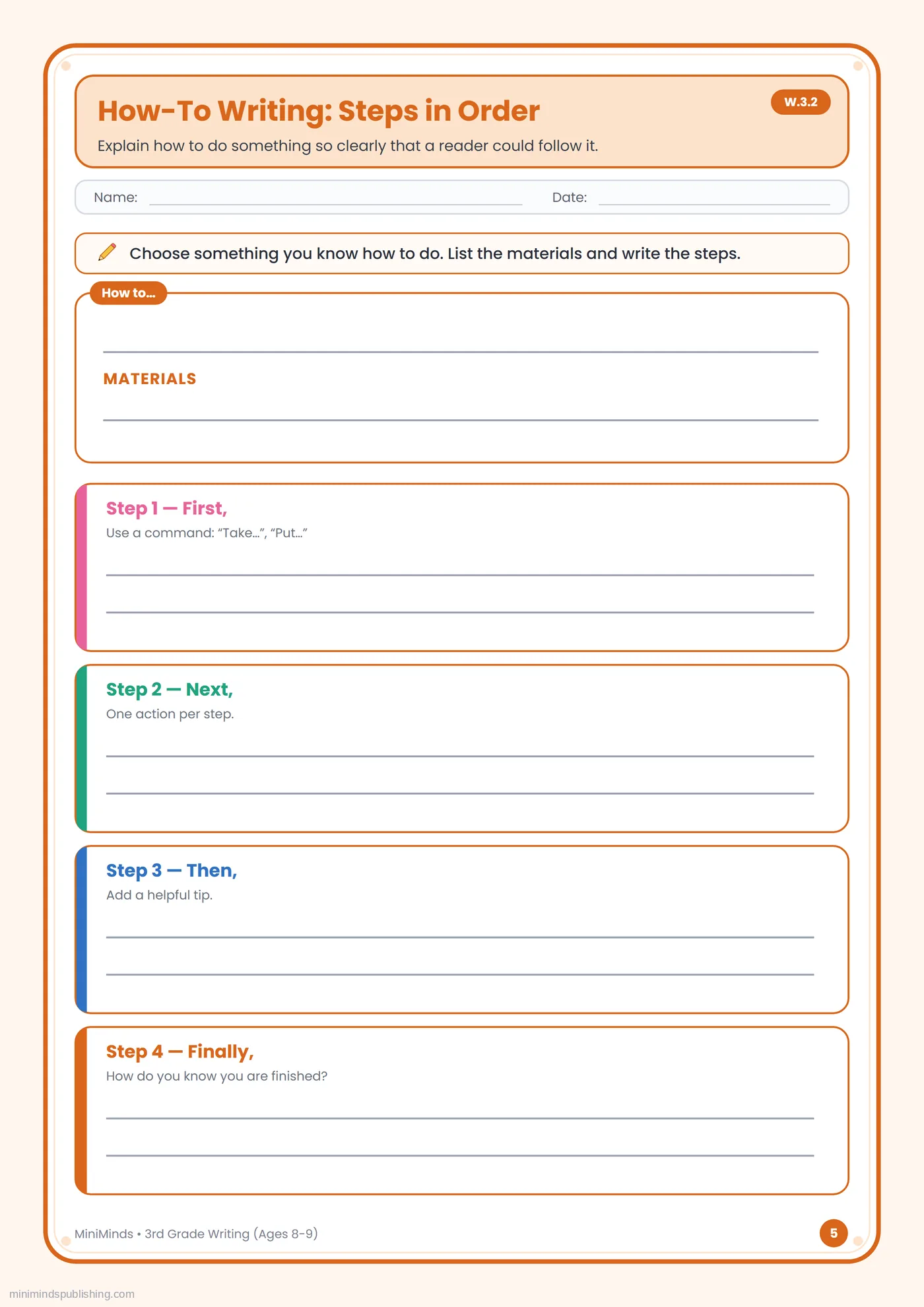 How-To Writing: Steps in Order — free printable 3rd Grade writing worksheet for ages 8-9