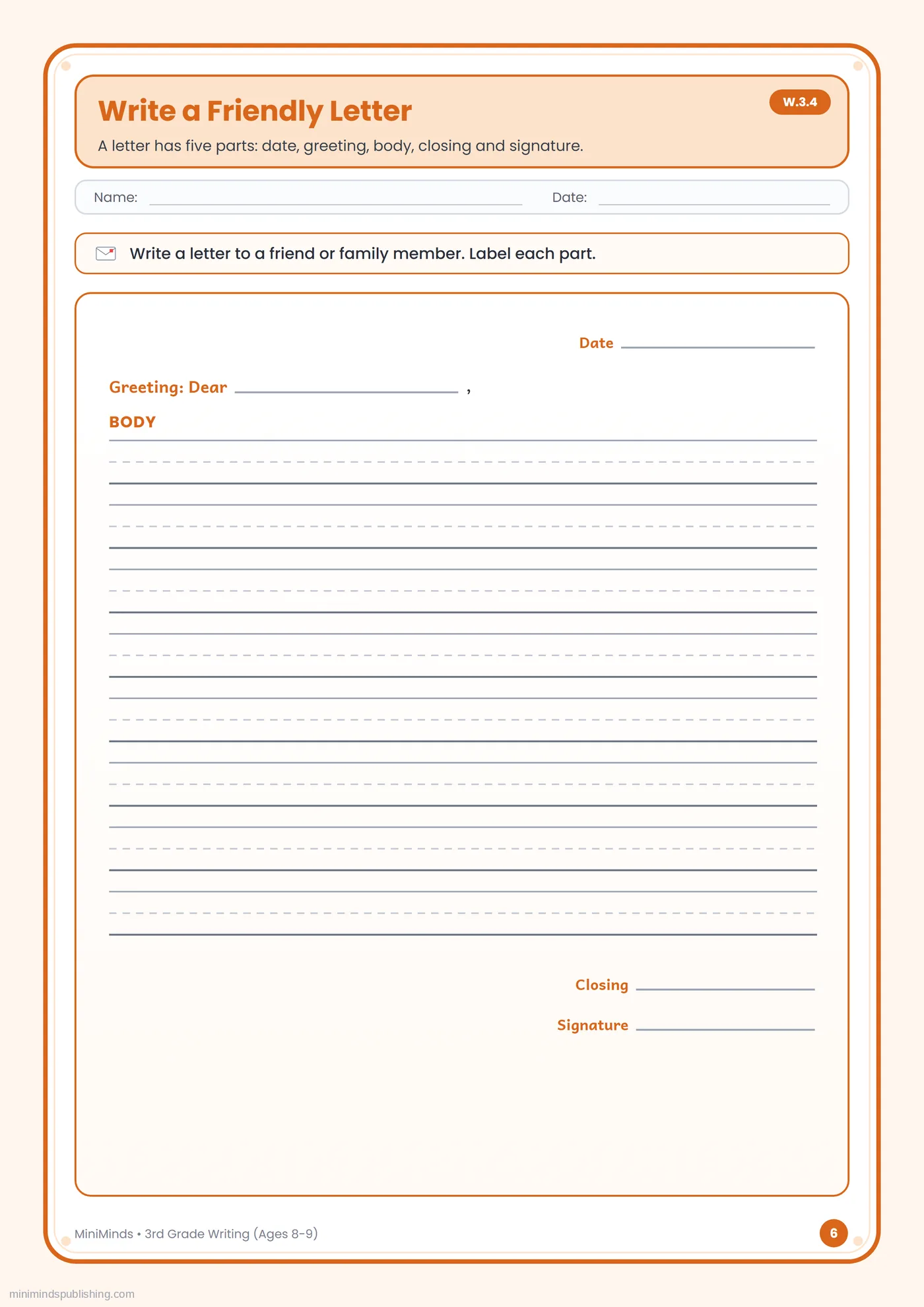 Write a Friendly Letter — free printable 3rd Grade writing worksheet for ages 8-9