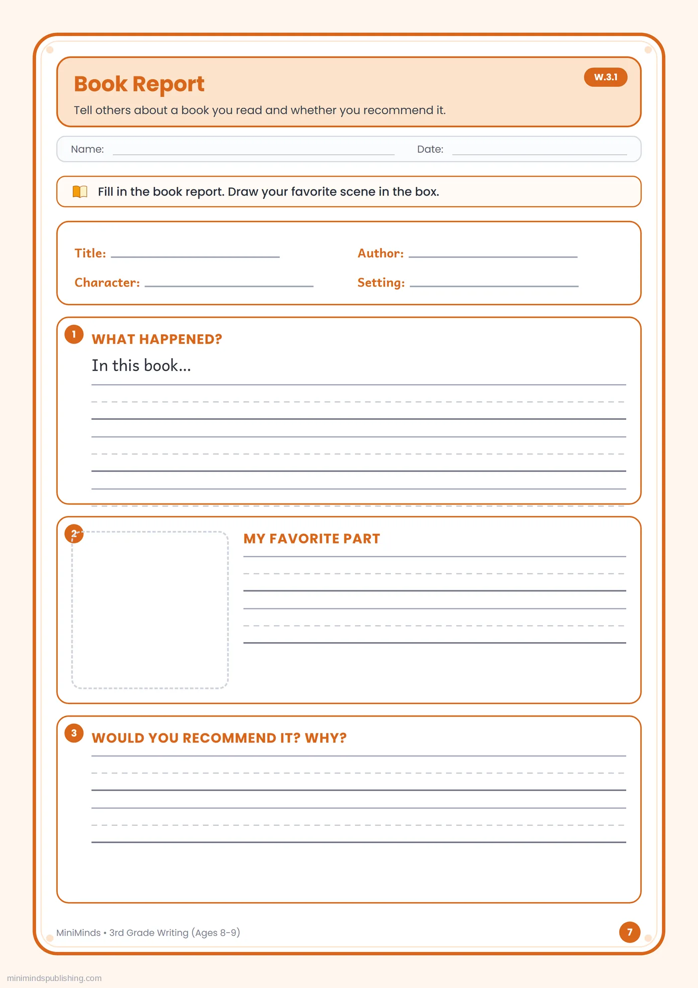 Book Report — free printable 3rd Grade writing worksheet for ages 8-9