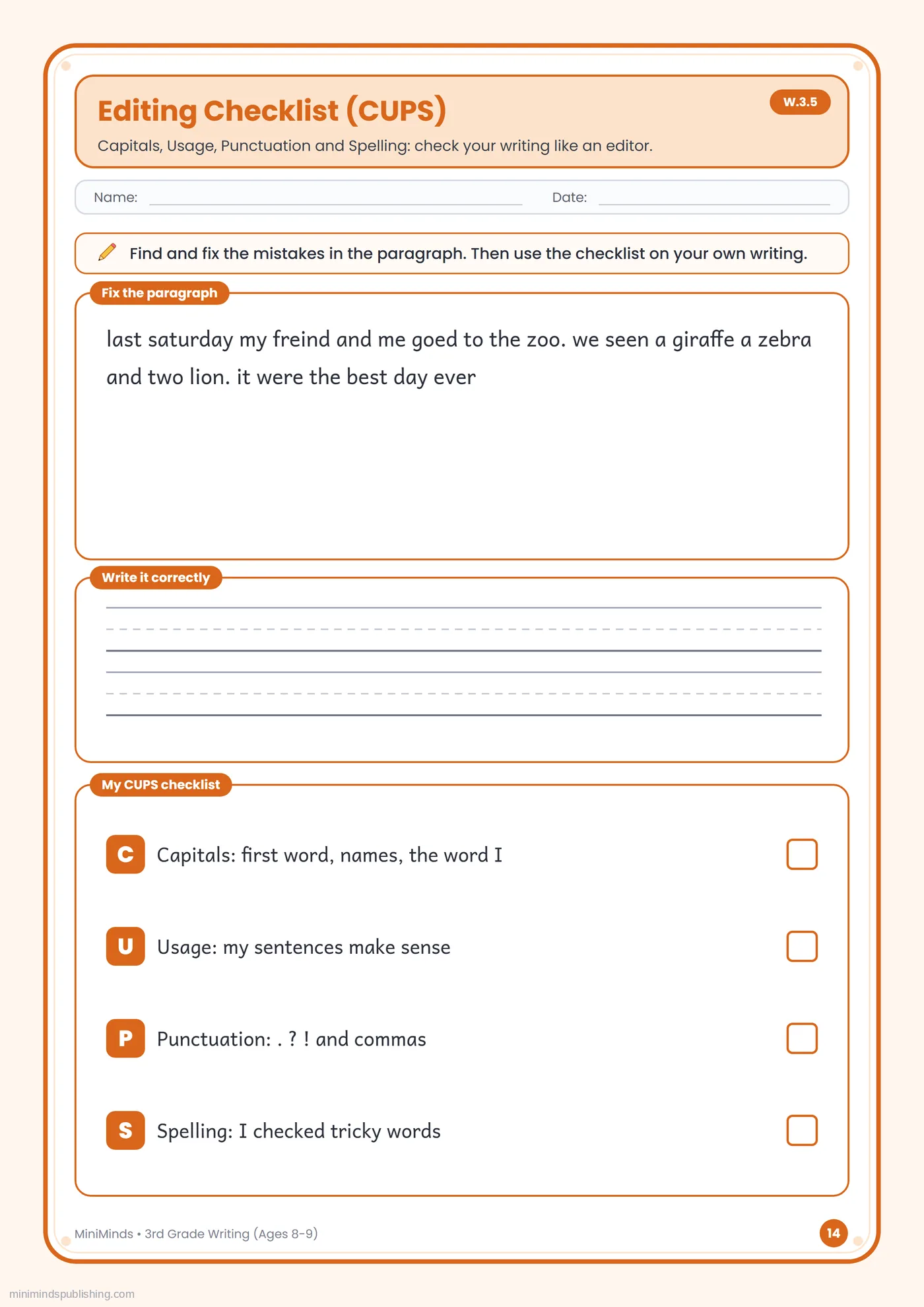 Editing Checklist (CUPS) — free printable 3rd Grade writing worksheet for ages 8-9