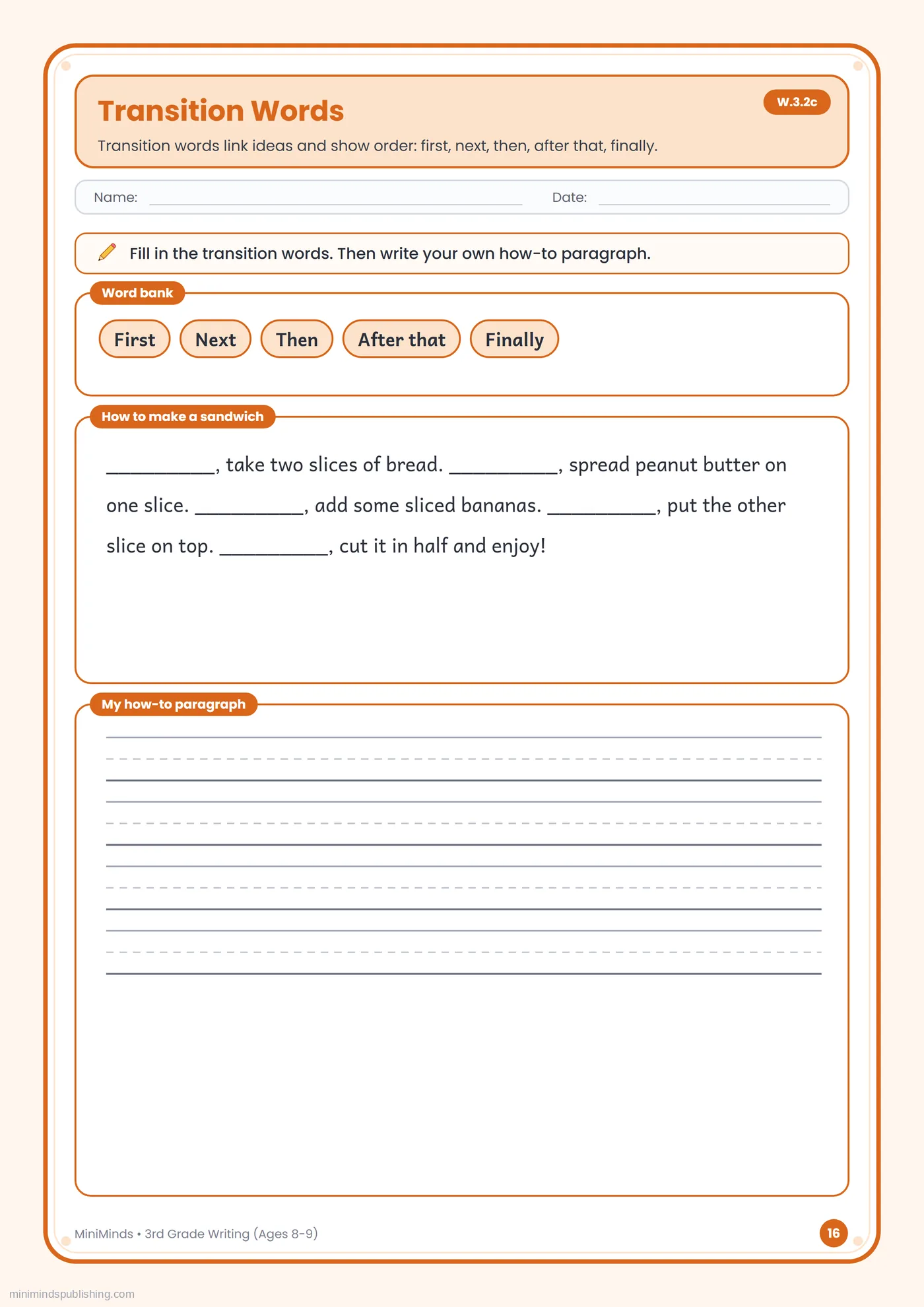 Transition Words — free printable 3rd Grade writing worksheet for ages 8-9