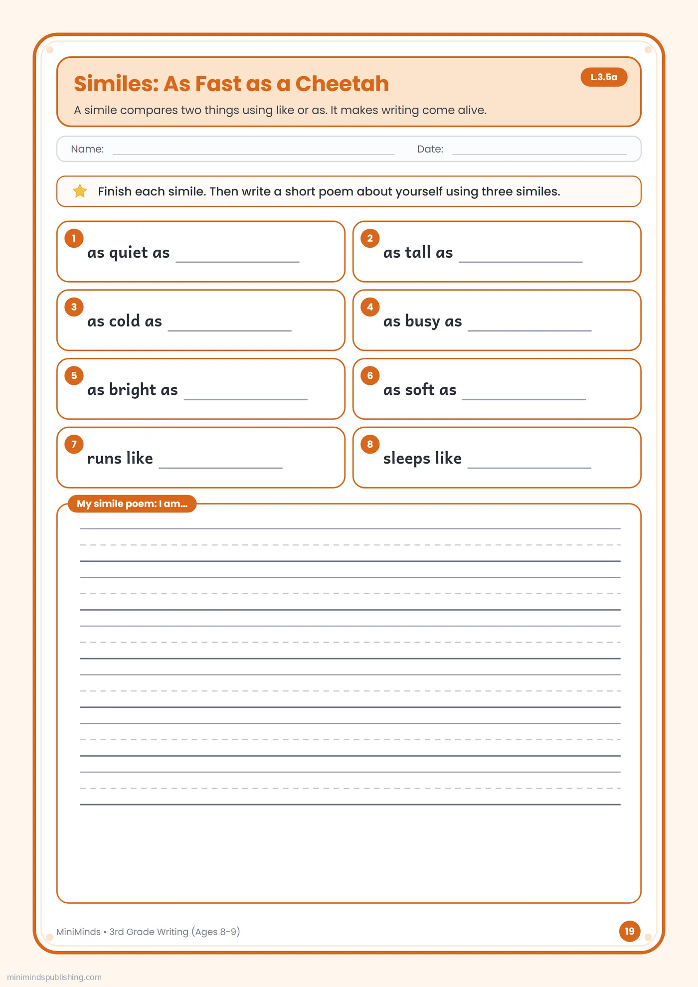 Similes: As Fast as a Cheetah — free printable 3rd Grade writing worksheet for ages 8-9