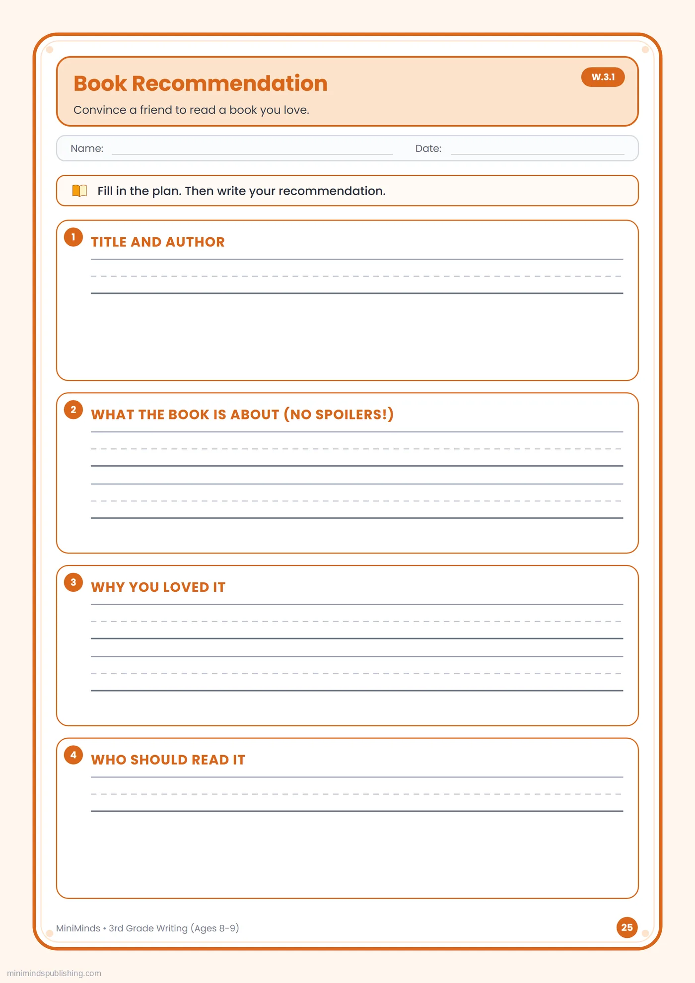 Book Recommendation — free printable 3rd Grade writing worksheet for ages 8-9