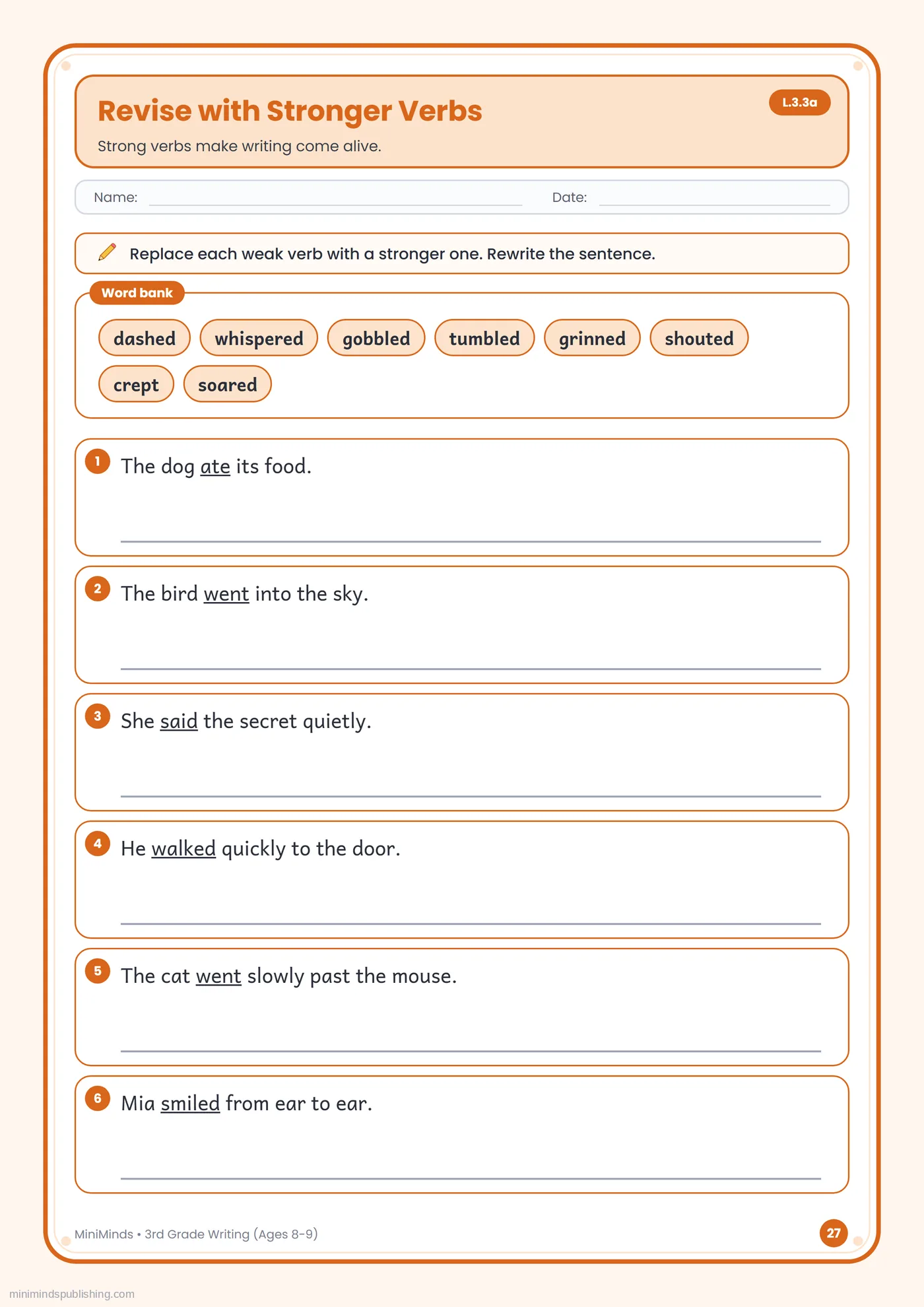 Revise with Stronger Verbs — free printable 3rd Grade writing worksheet for ages 8-9