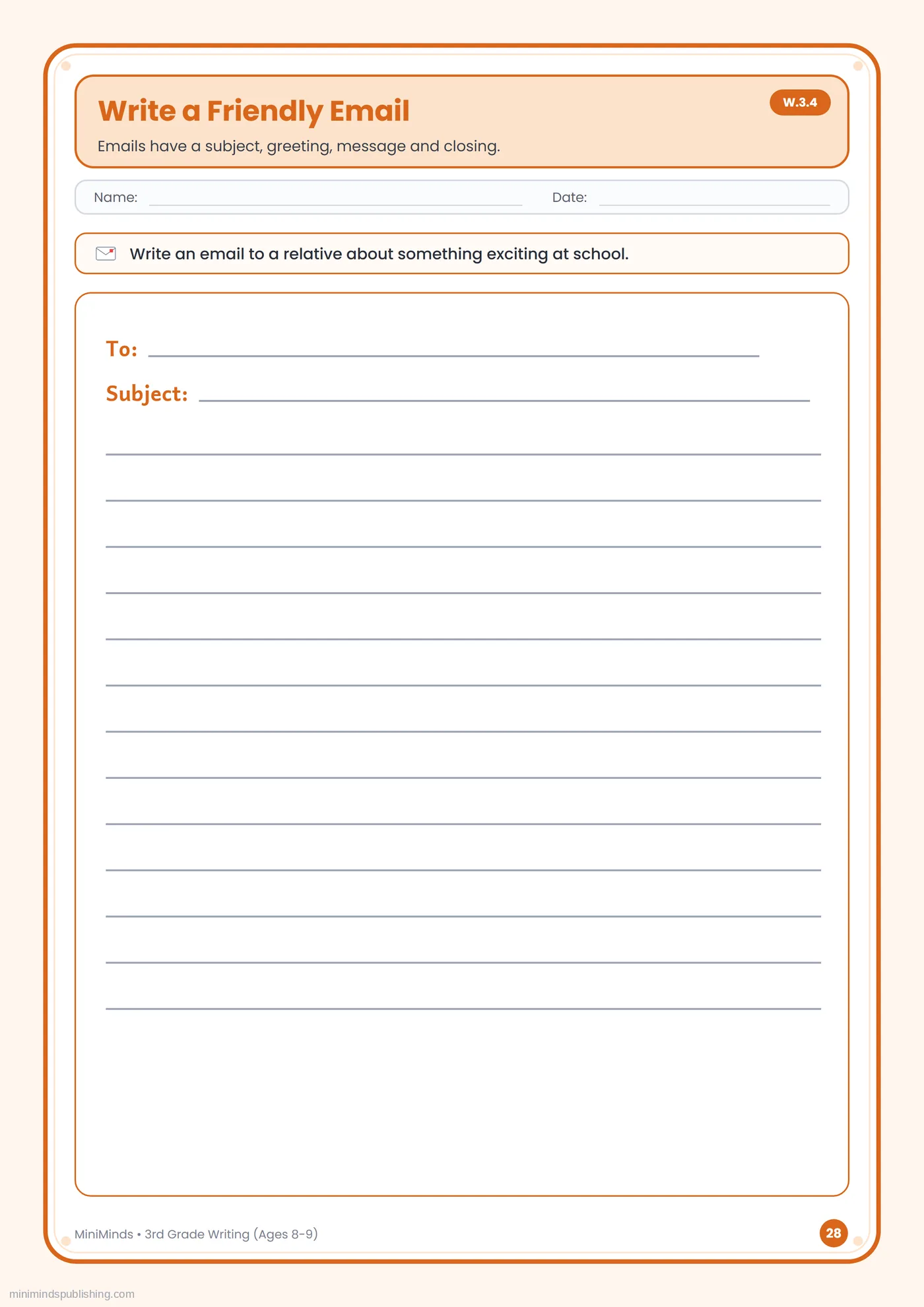 Write a Friendly Email — free printable 3rd Grade writing worksheet for ages 8-9