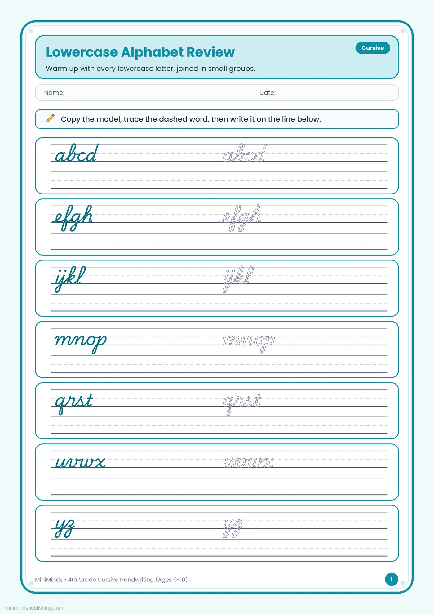 Lowercase Alphabet Review — free printable 4th Grade cursive handwriting worksheet for ages 9-10